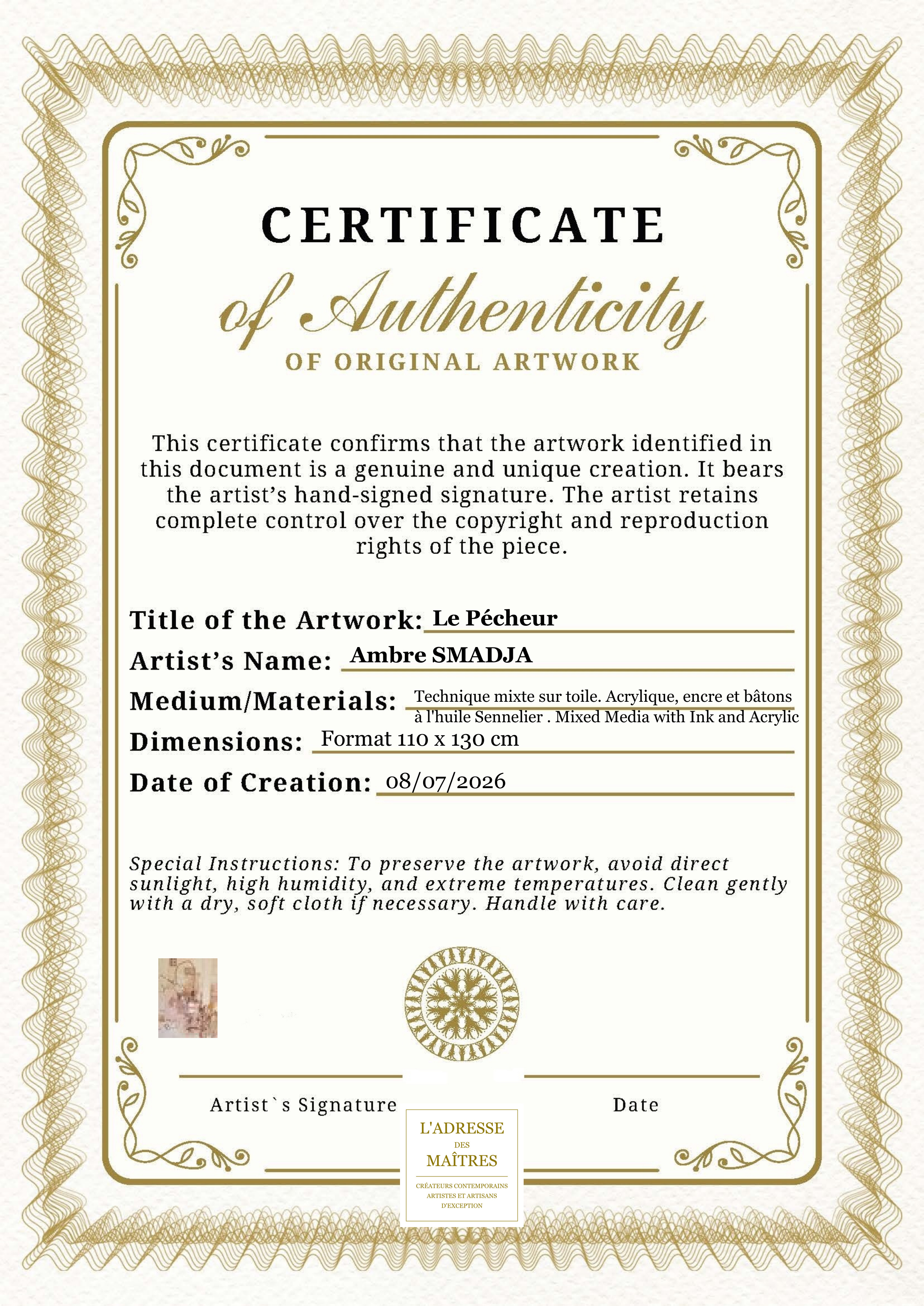 Certificat d'authenticité — Le Pécheur — Ambre SMADJA
