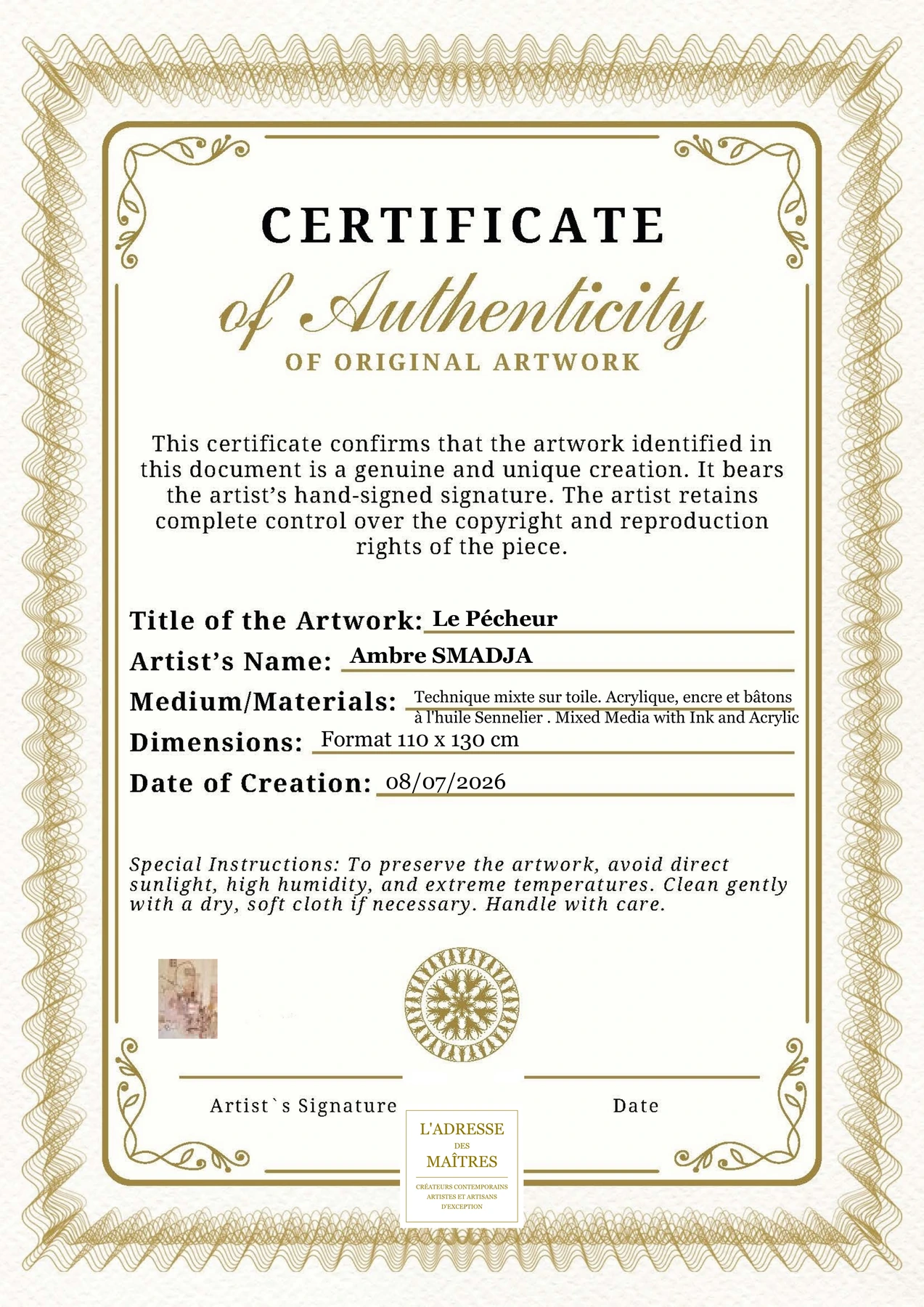 Certificat d'authenticité - Le Pécheur - Ambre SMADJA