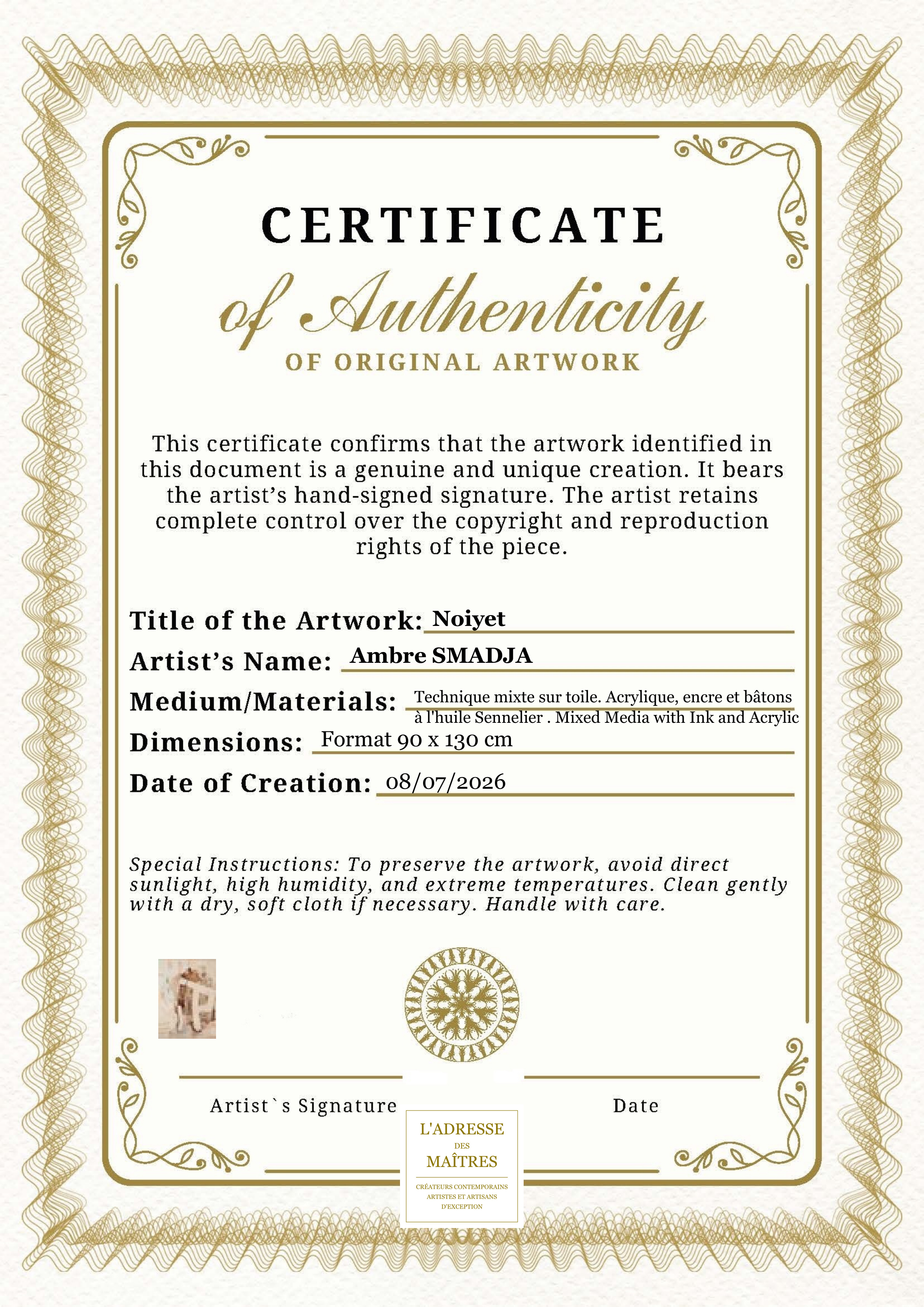 Certificat d'authenticité — Noiyet — Ambre SMADJA