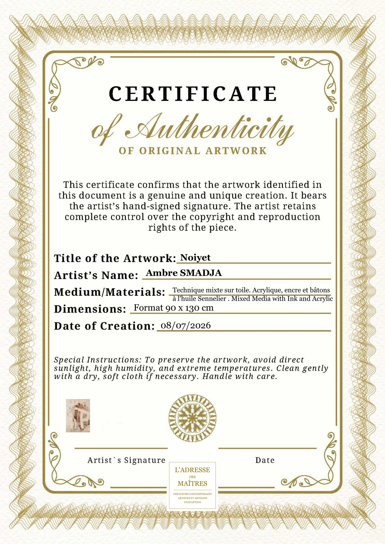 Certificat d'authenticité - Noiyet - Ambre SMADJA