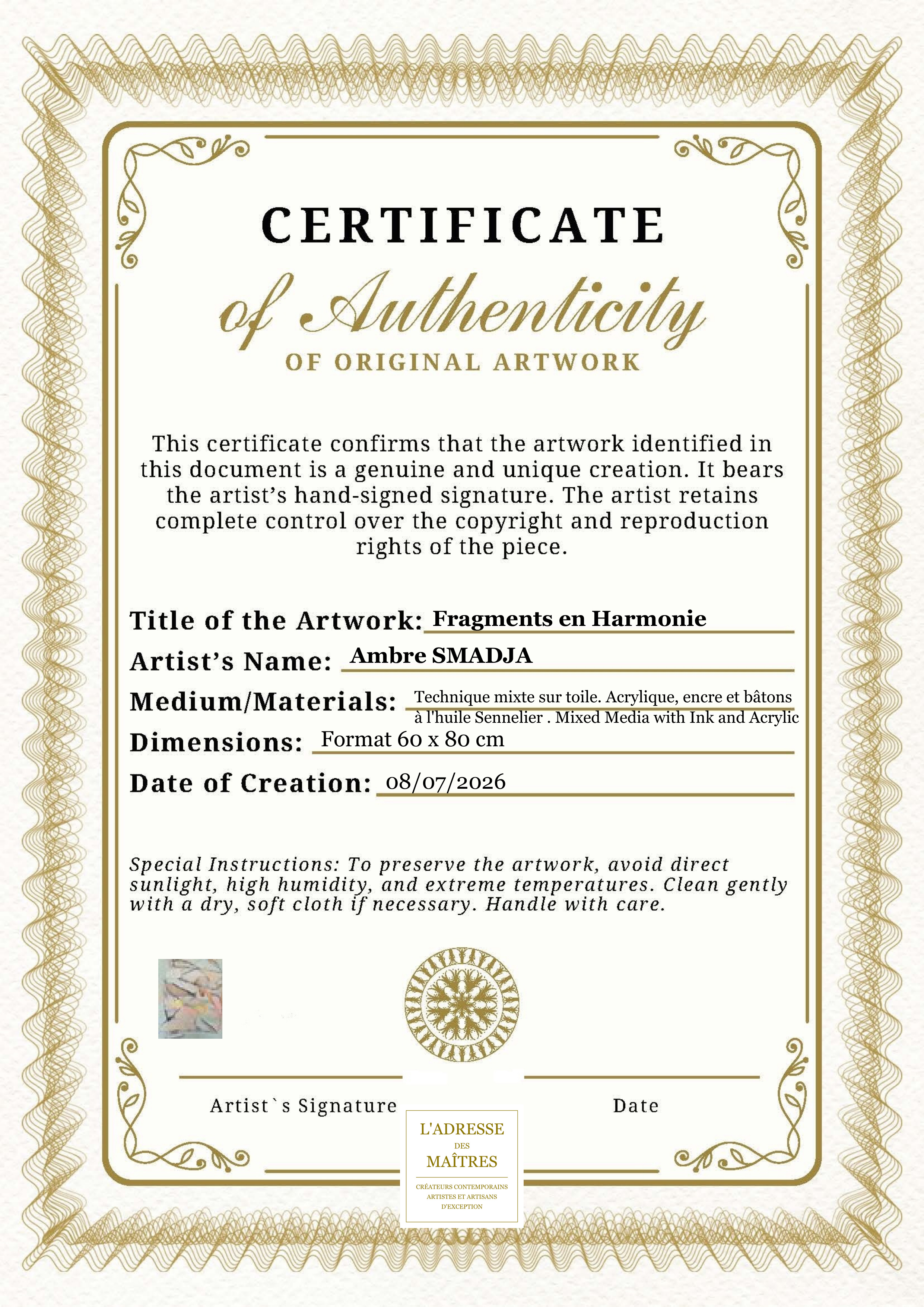 Certificat d'authenticité — Fragments en Harmonie — Ambre SMADJA