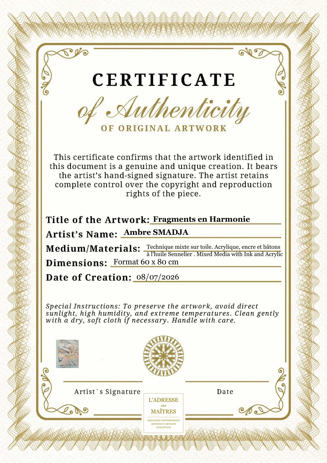 Certificat d'authenticité - Fragments en Harmonie - Ambre SMADJA