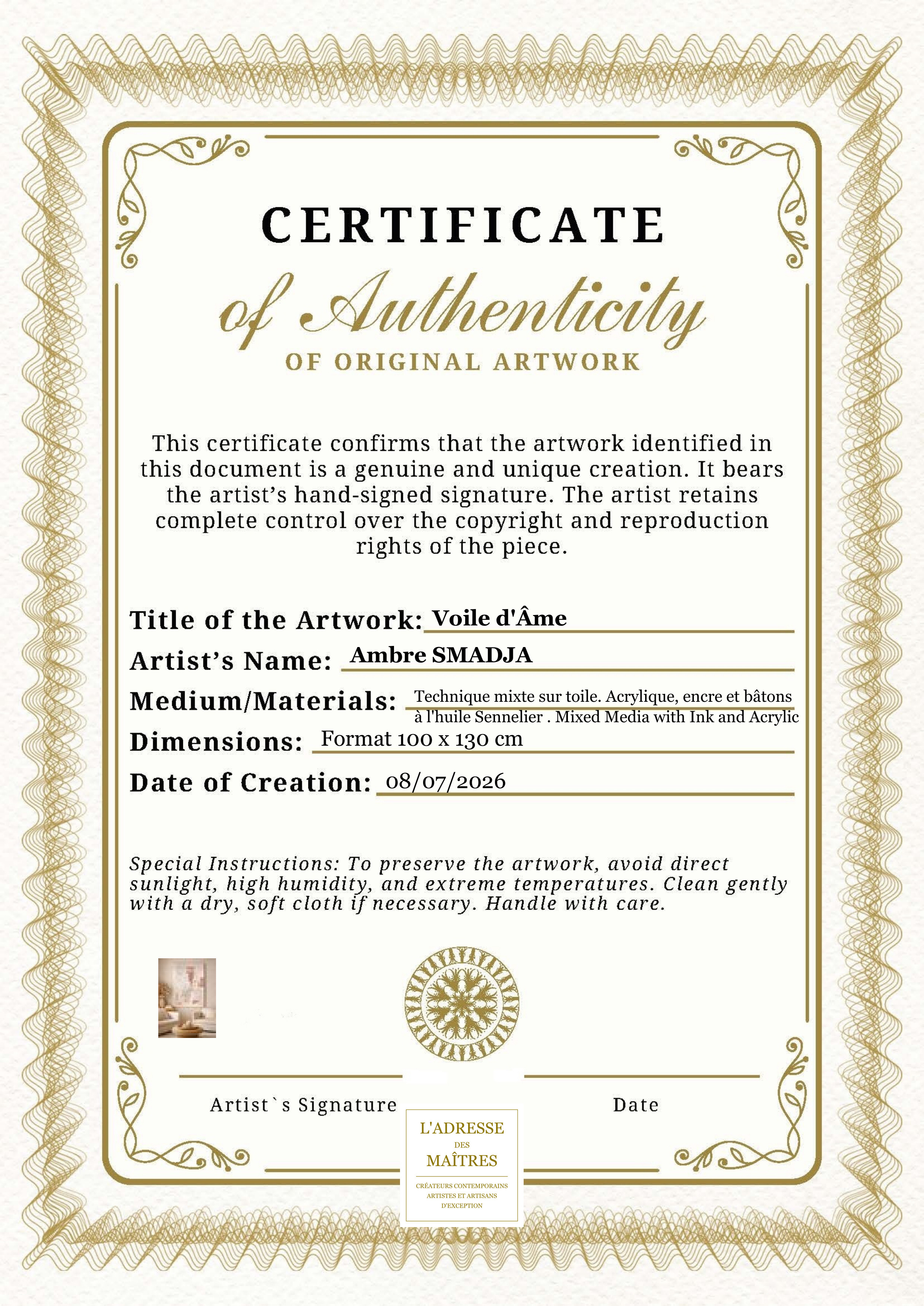 Certificat d'authenticité — Voile d'Âme — Ambre SMADJA