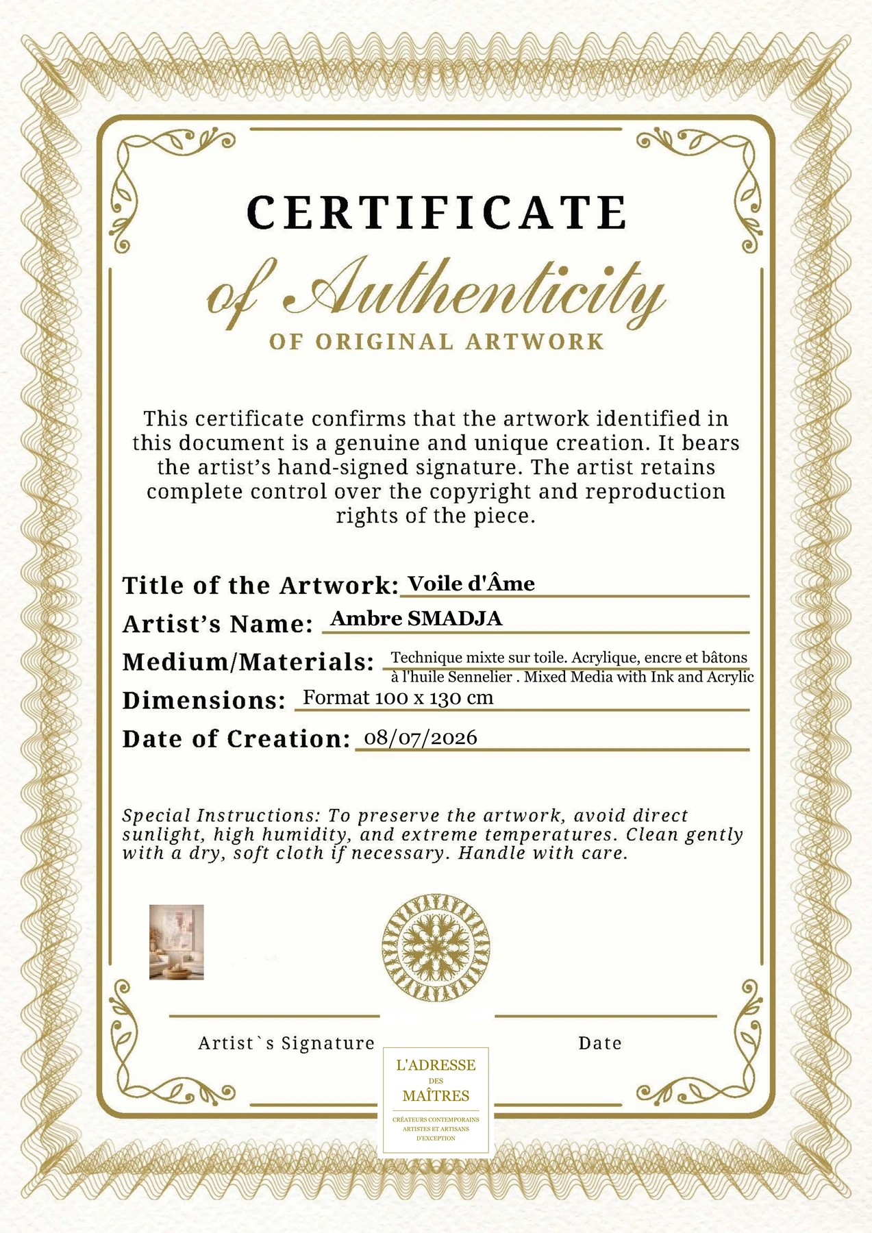 Certificat d'authenticité - Voile d'Âme - Ambre SMADJA