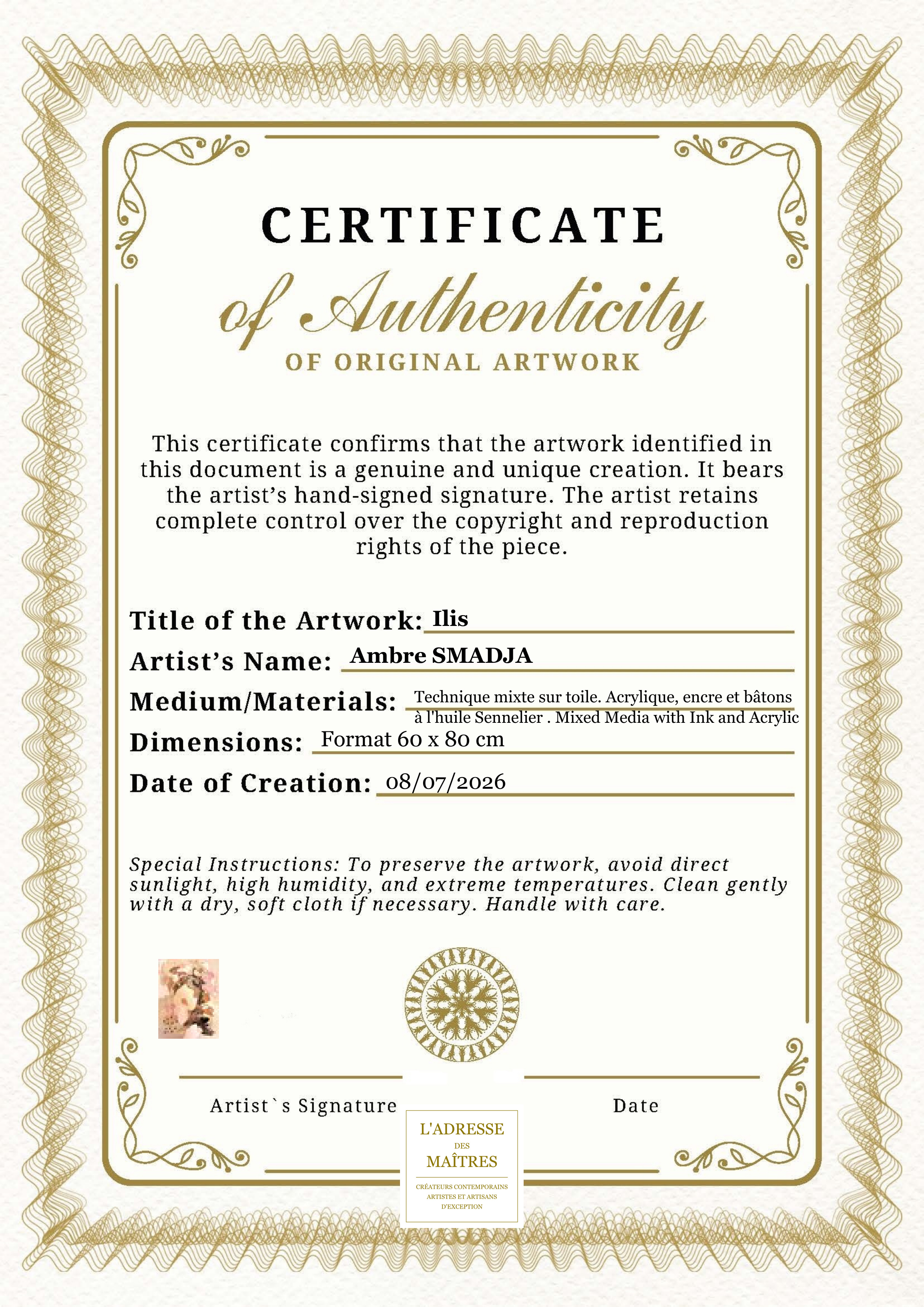 Certificat d'authenticité — Ilis — Ambre SMADJA