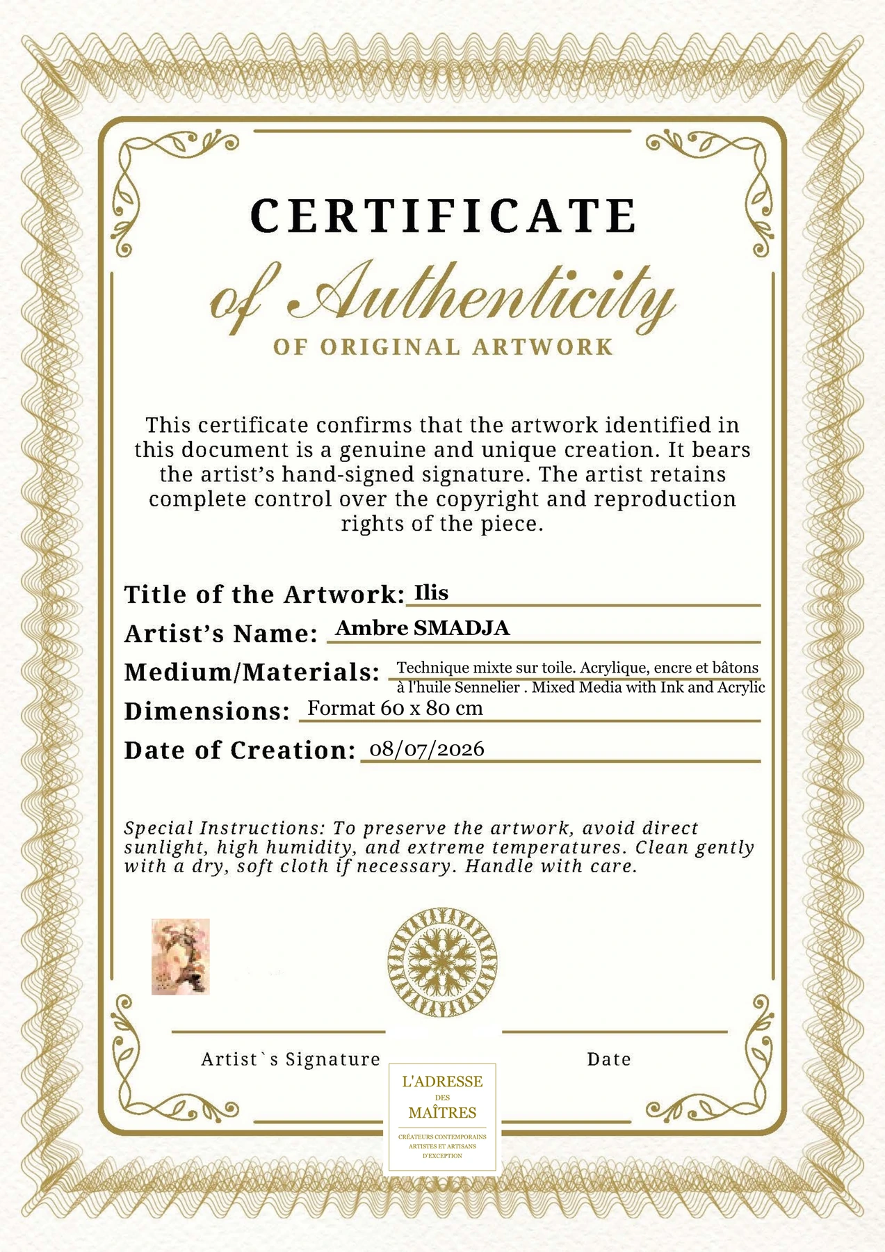 Certificat d'authenticité - Ilis - Ambre SMADJA
