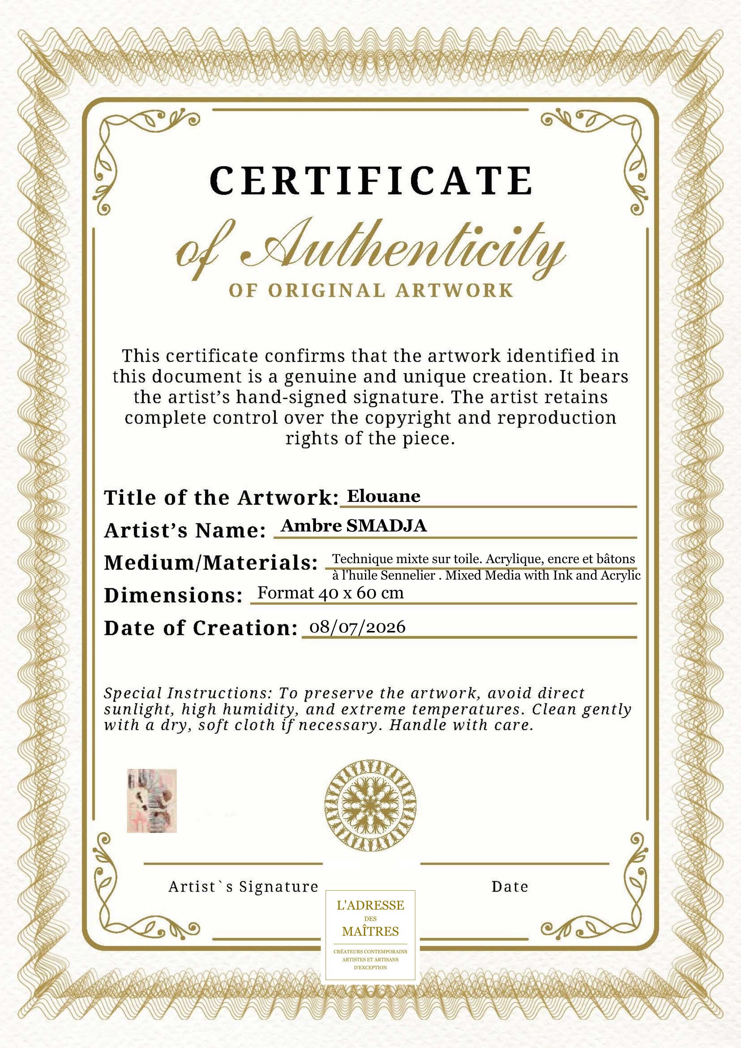 Certificat d'authenticité — Elouane — Ambre SMADJA
