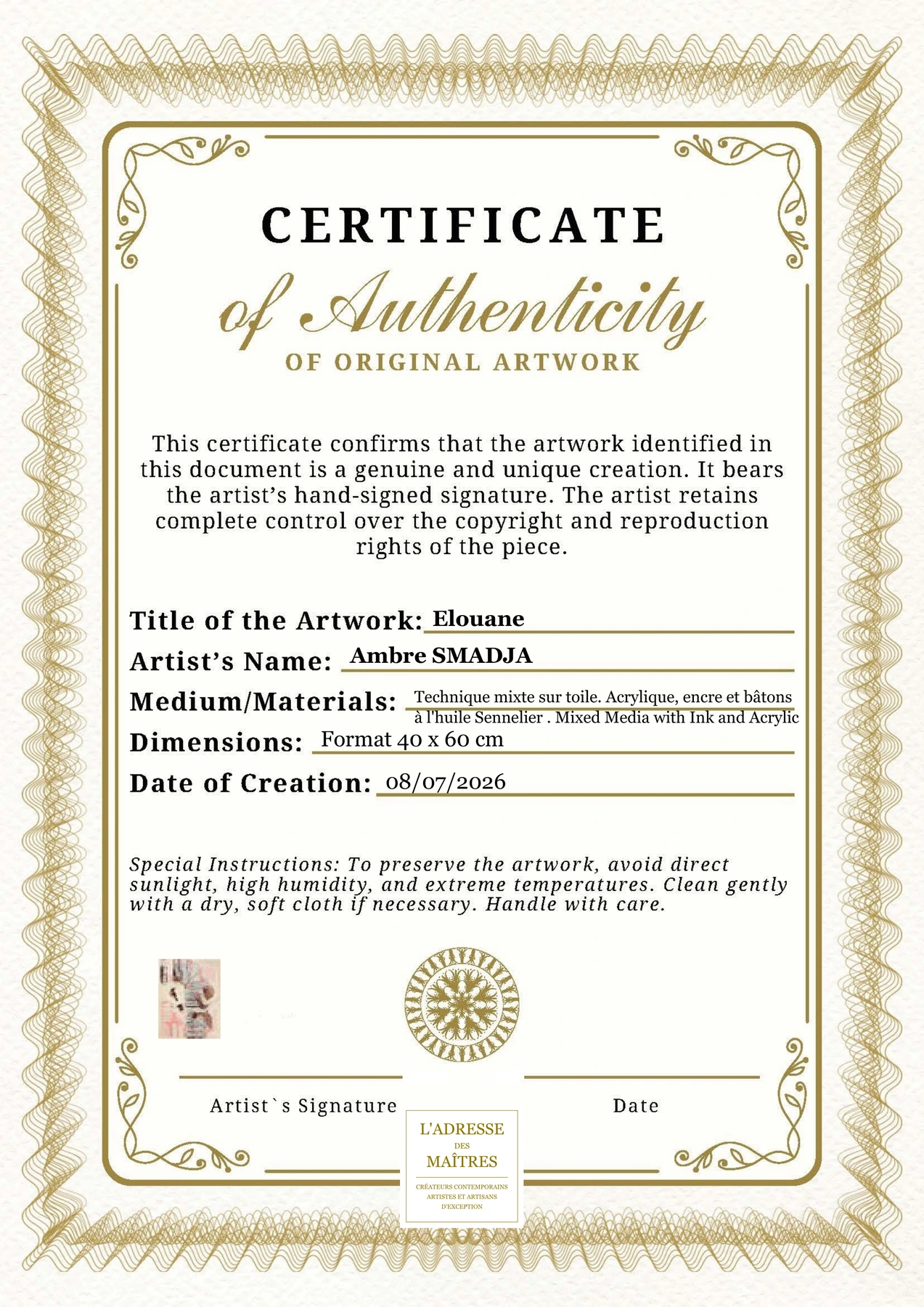 Certificat d'authenticité - Elouane - Ambre SMADJA