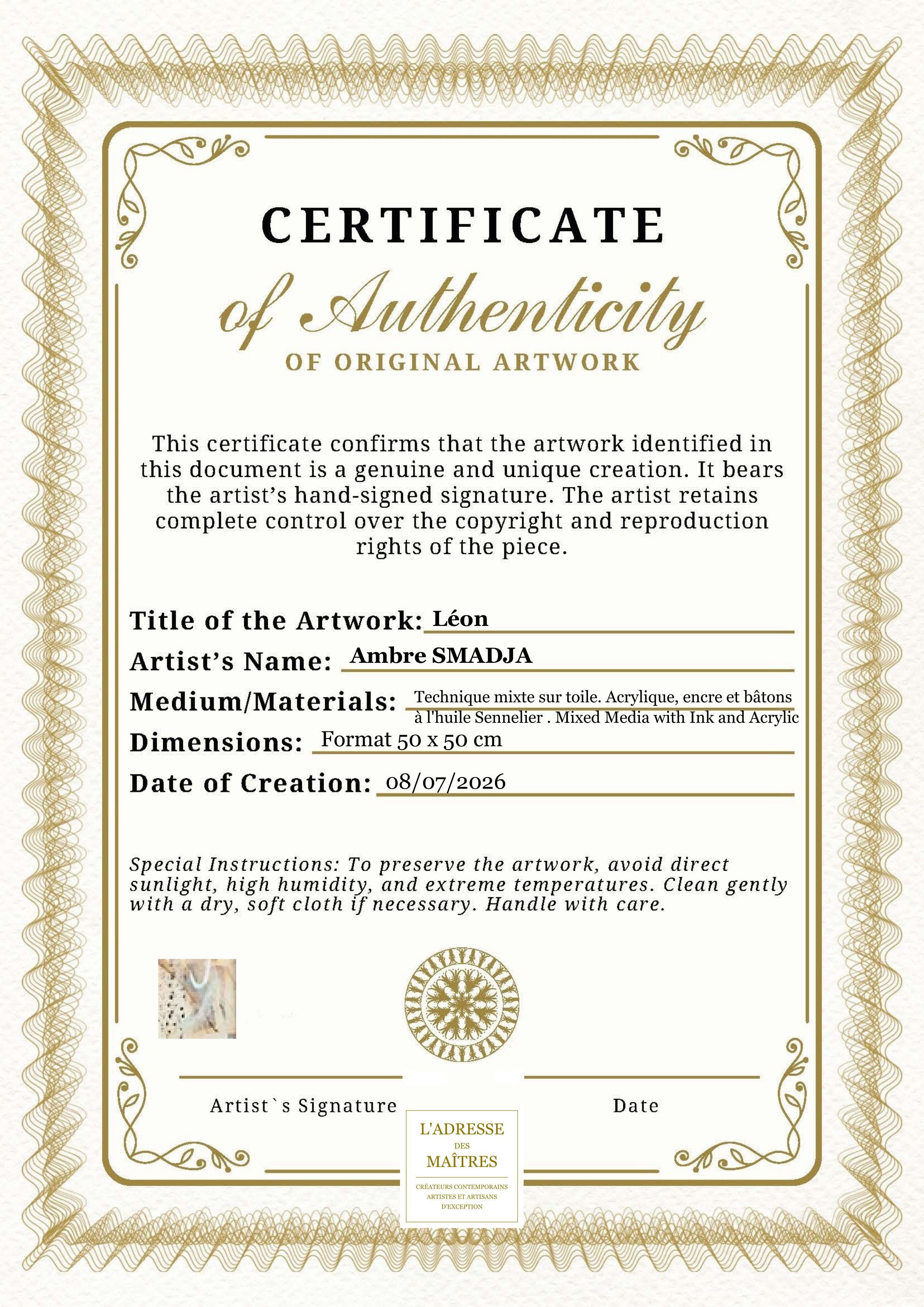 Certificat d'authenticité — Léon — Ambre SMADJA
