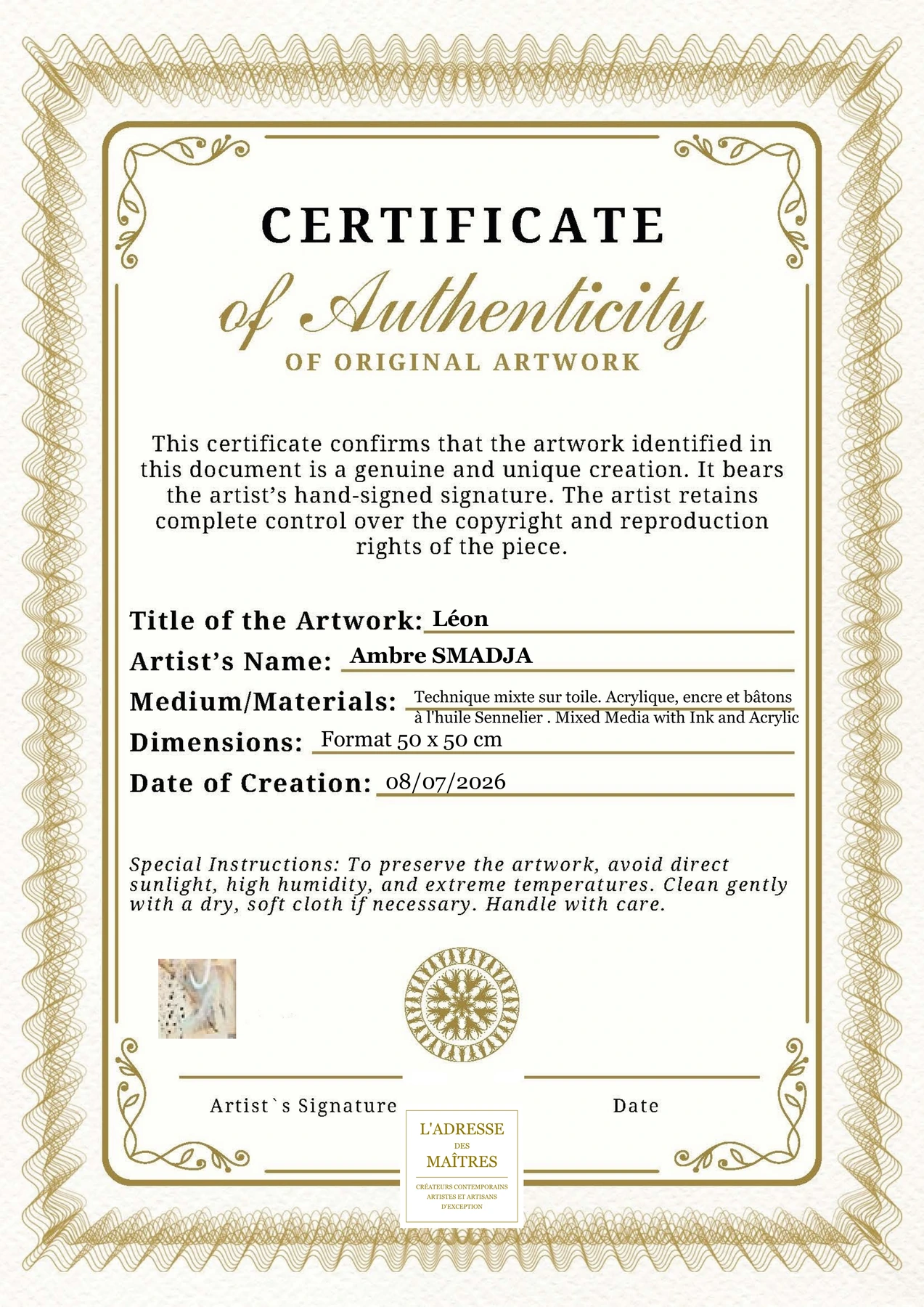 Certificat d'authenticité - Léon - Ambre SMADJA