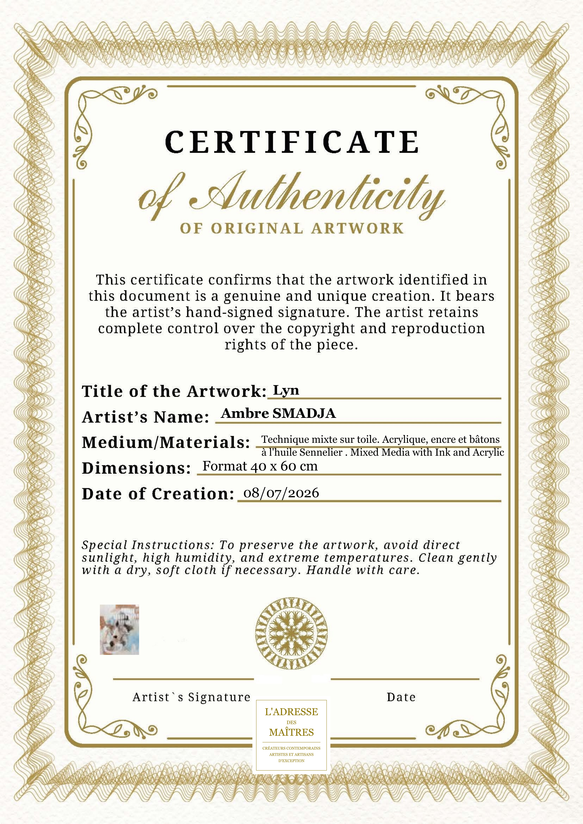 Certificat d'authenticité — Lyn — Ambre SMADJA