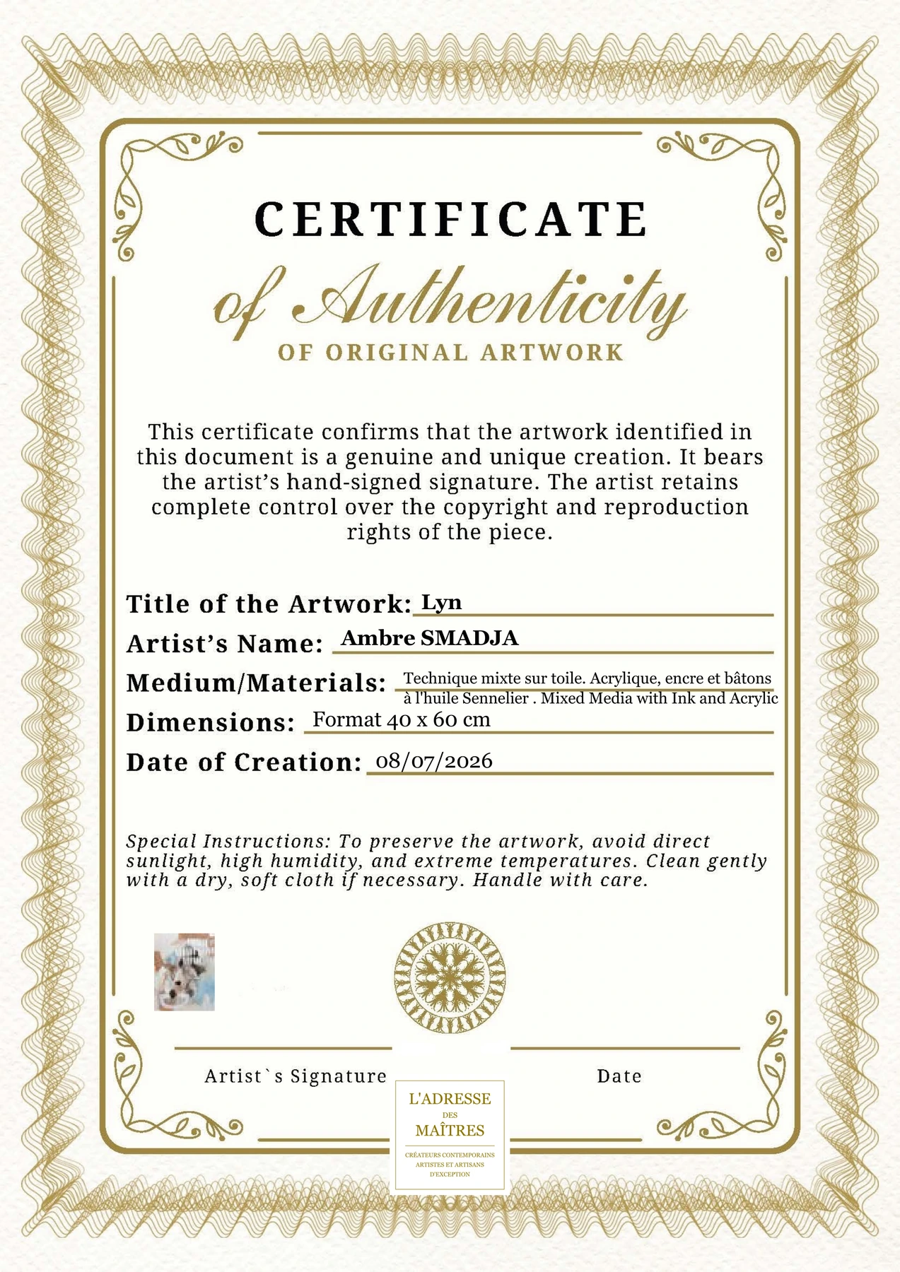Certificat d'authenticité - Lyn - Ambre SMADJA