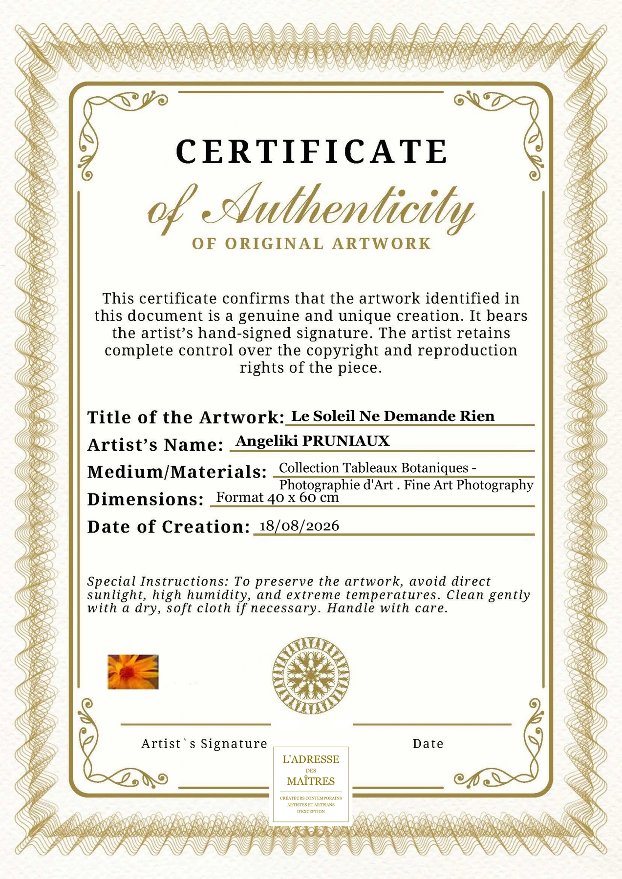 Certificat d'authenticité - Le Soleil Ne Demande Rien - Angeliki PRUNIAUX