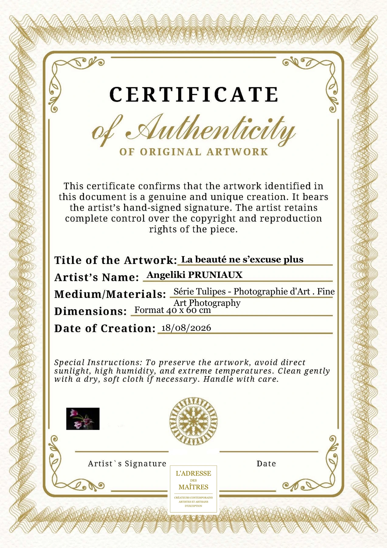 Certificat d'authenticité - La beauté ne s’excuse plus - Angeliki PRUNIAUX