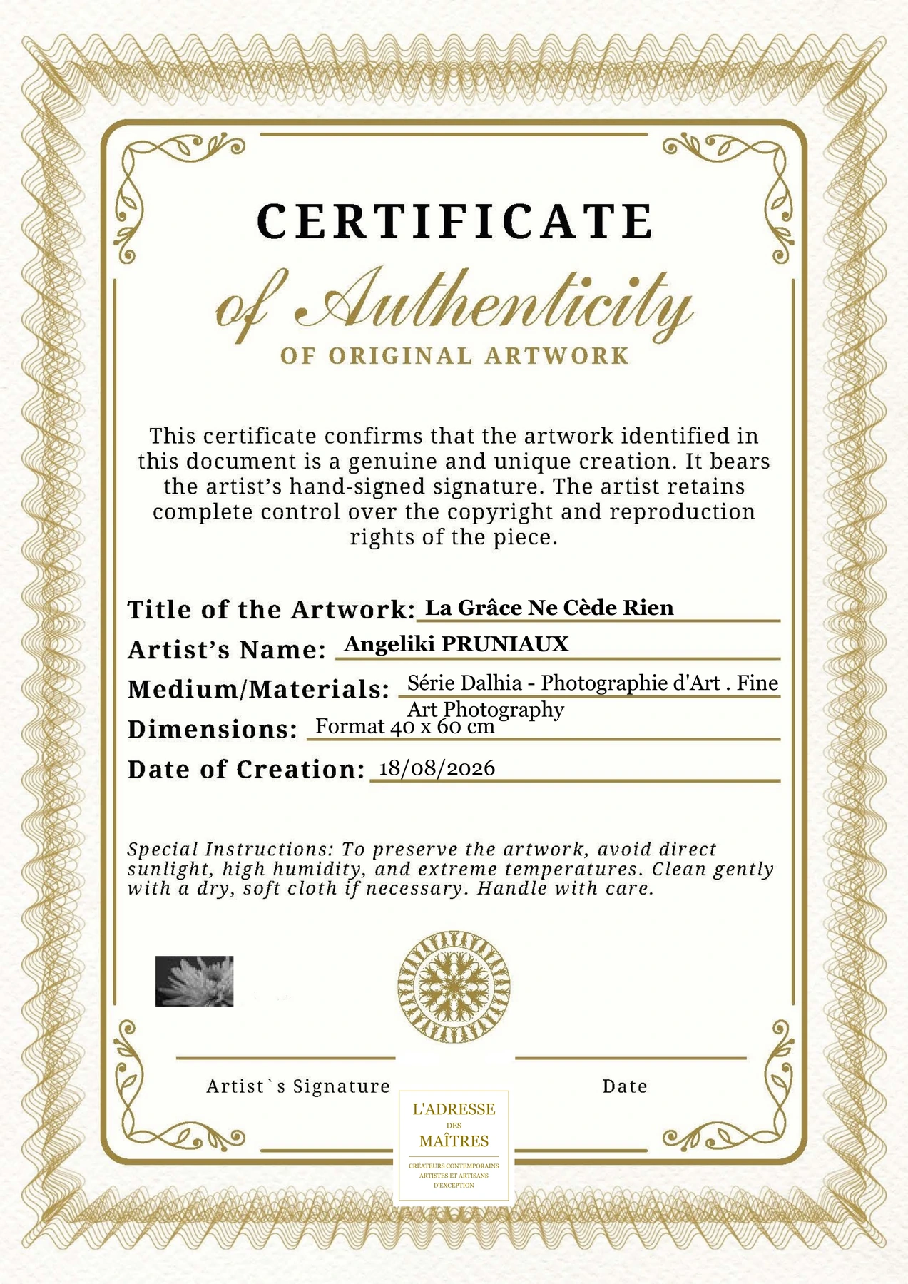Certificat d'authenticité - La Grâce Ne Cède Rien - Angeliki PRUNIAUX
