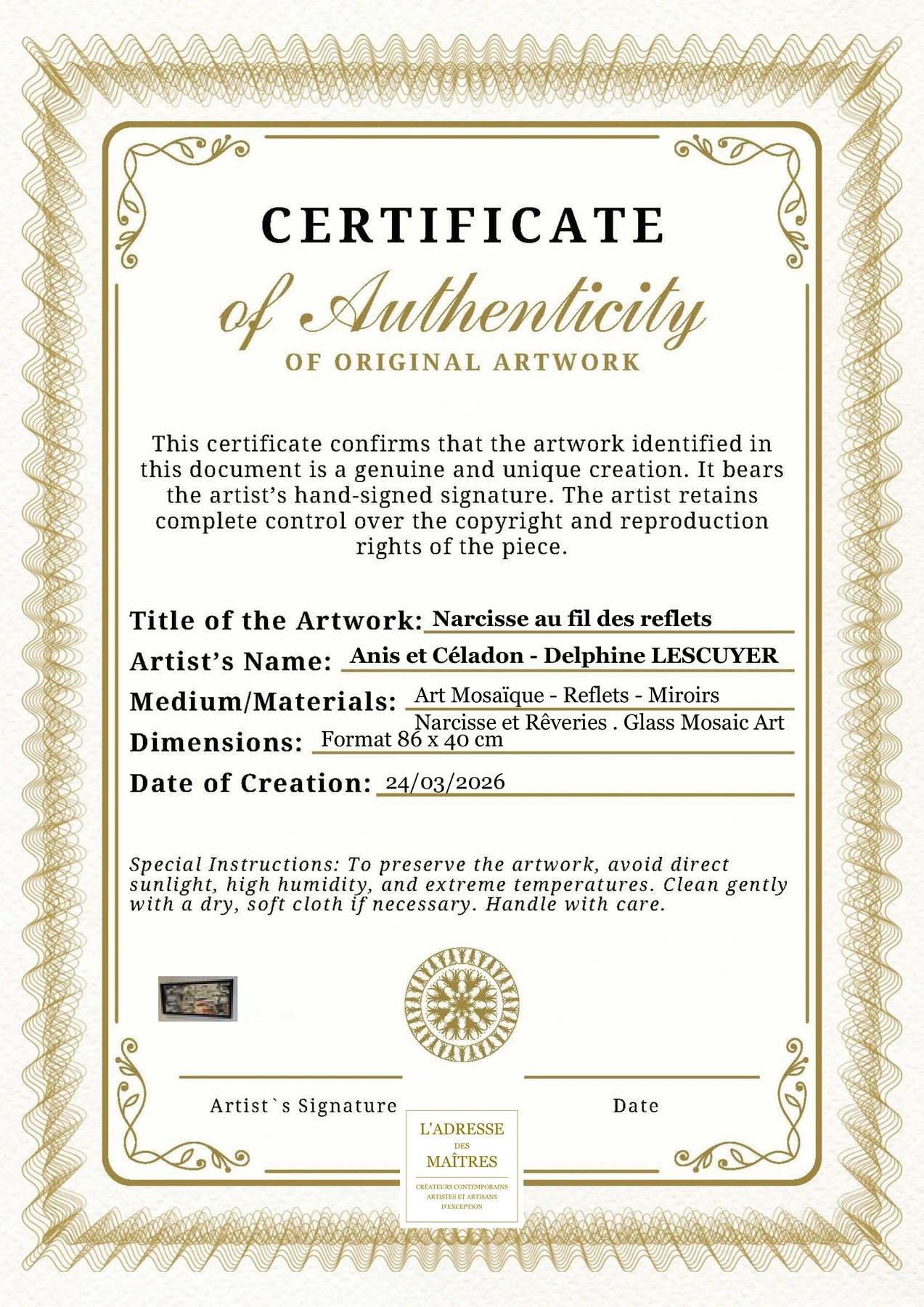 Certificat d'authenticité - Narcisse au fil des reflets - Anis et Céladon - Delphine LESCUYER