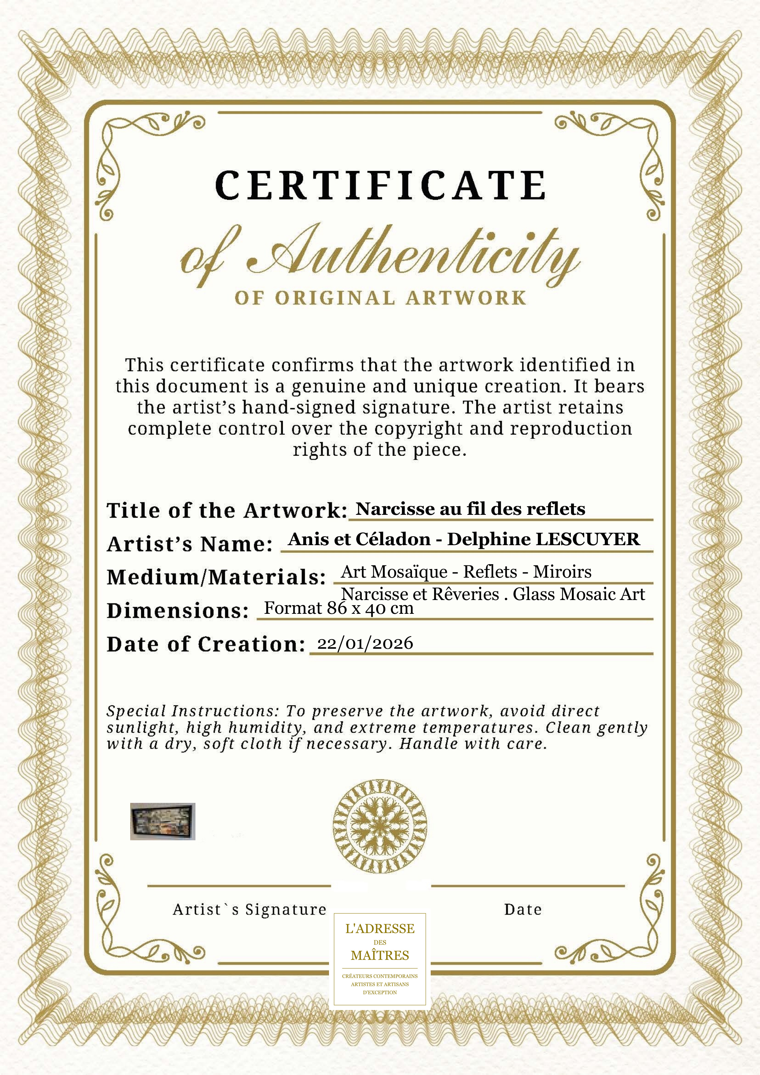 Certificat d'authenticité — Narcisse au fil des reflets — Anis et Céladon - Delphine LESCUYER