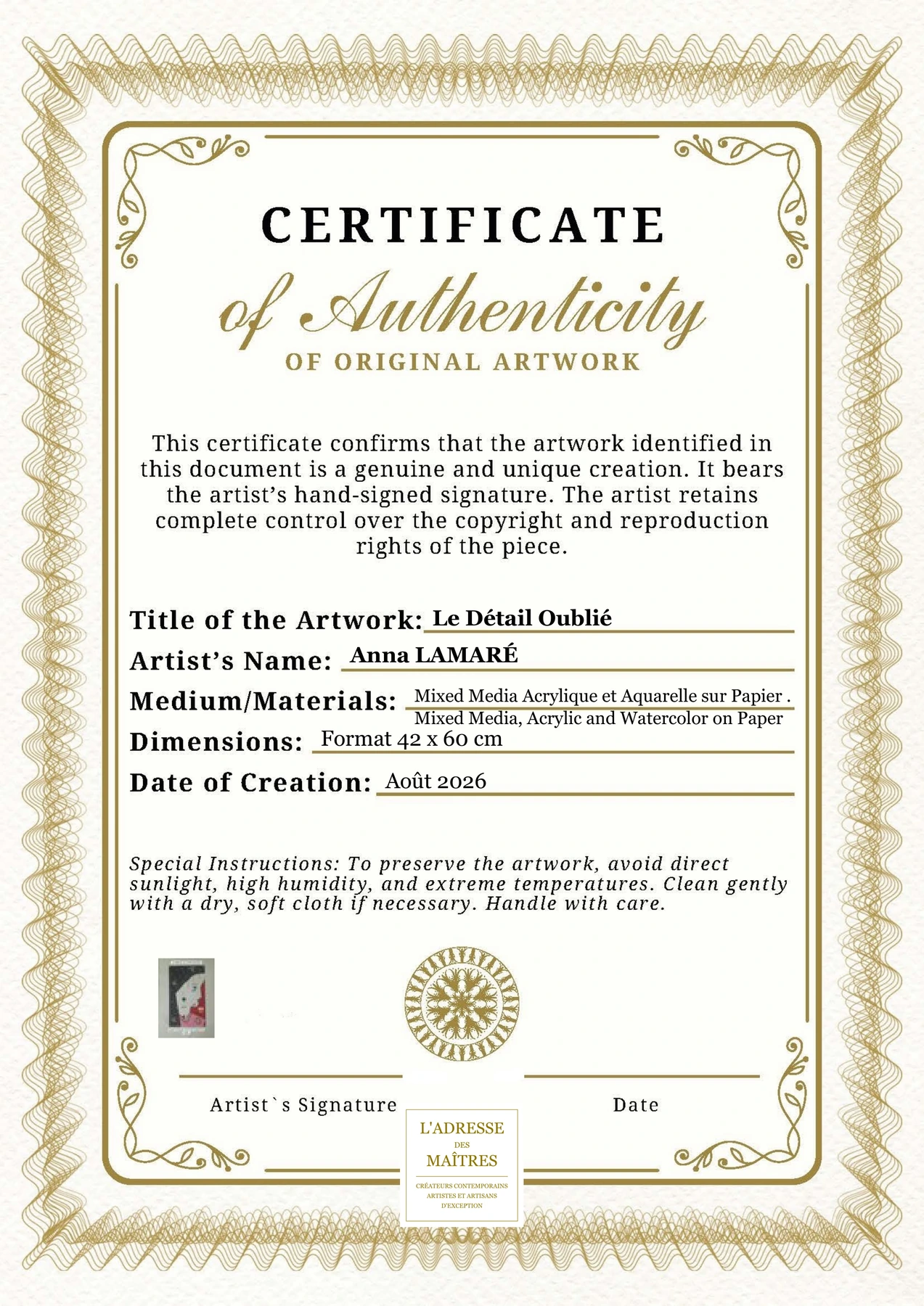 Certificat d'authenticité - Le Détail Oublié - Anna LAMARÉ