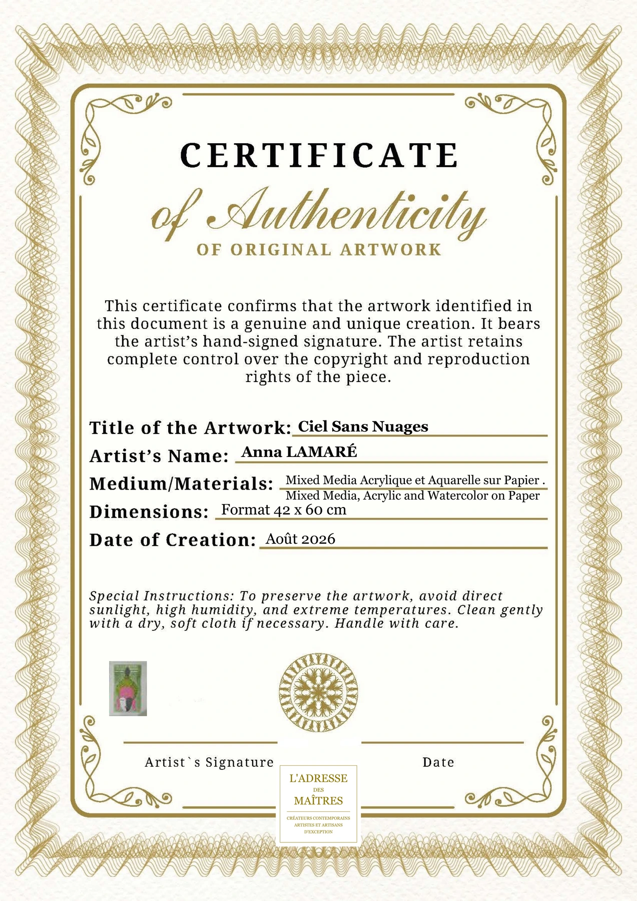 Certificat d'authenticité - Ciel Sans Nuages - Anna LAMARÉ