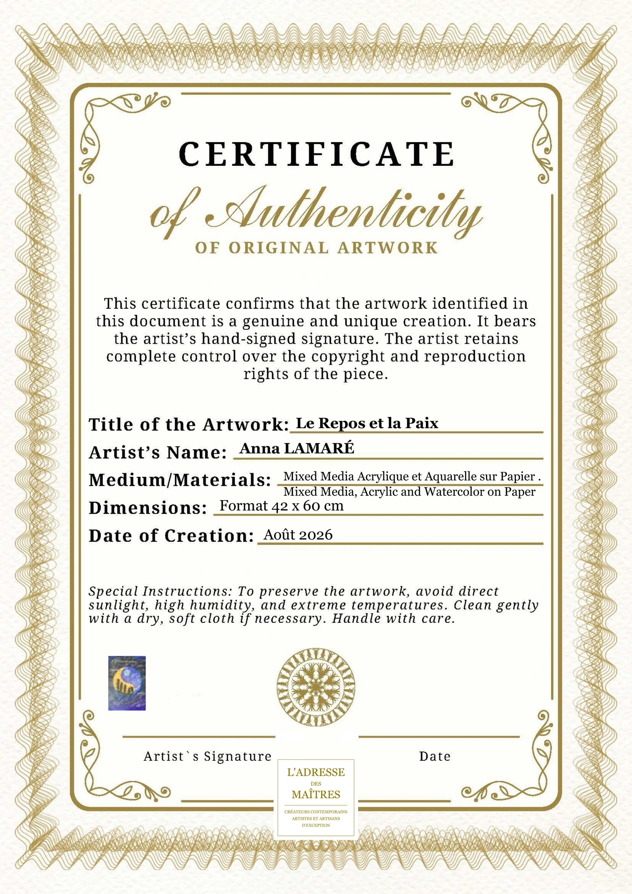 Certificat d'authenticité - Le Repos et la Paix - Anna LAMARÉ