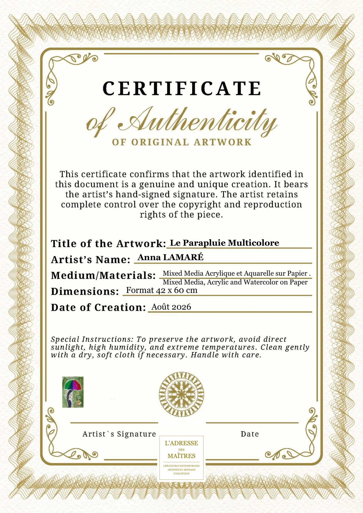 Certificat d'authenticité - Le Parapluie Multicolore - Anna LAMARÉ