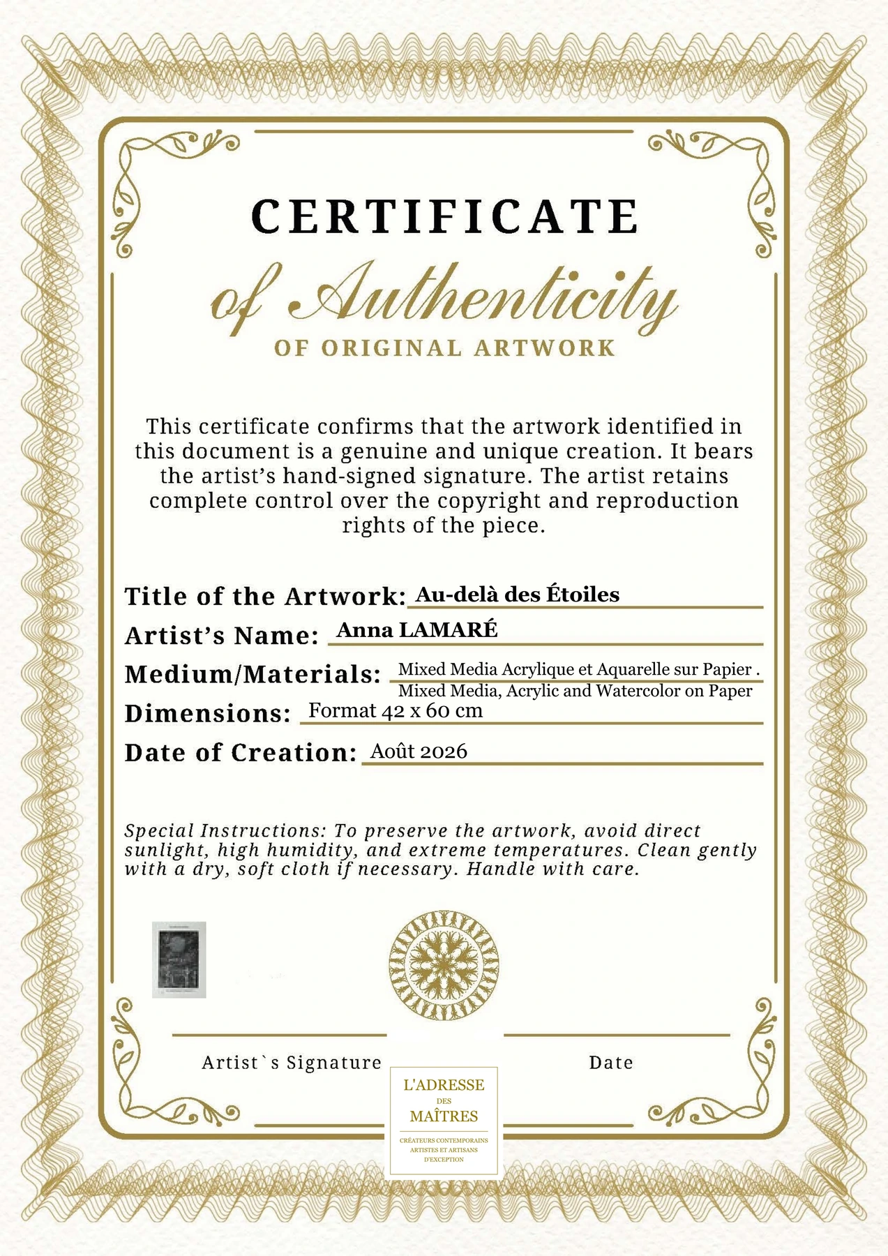 Certificat d'authenticité - Au-delà des Étoiles - Anna LAMARÉ