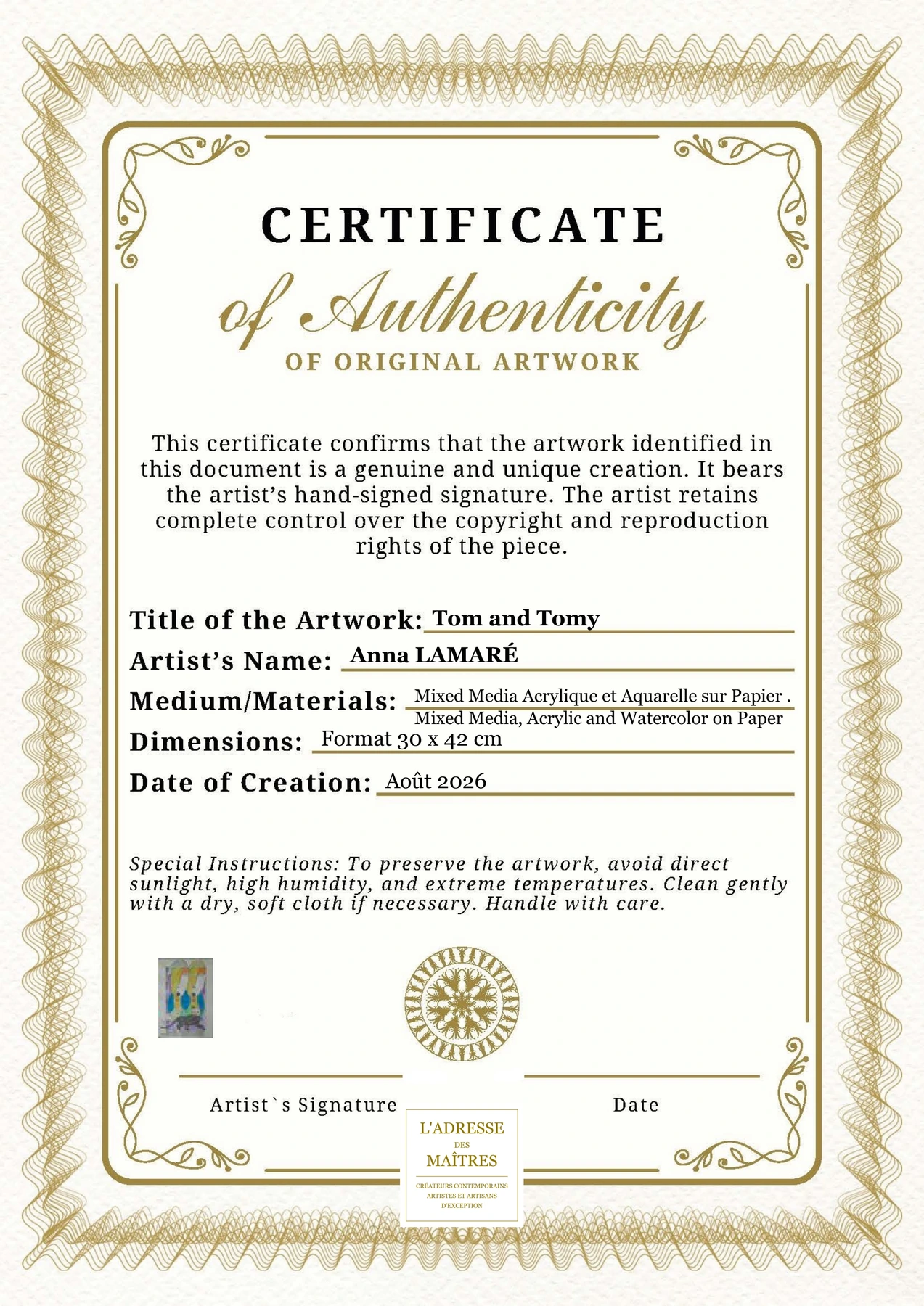 Certificat d'authenticité - Tom and Tomy - Anna LAMARÉ