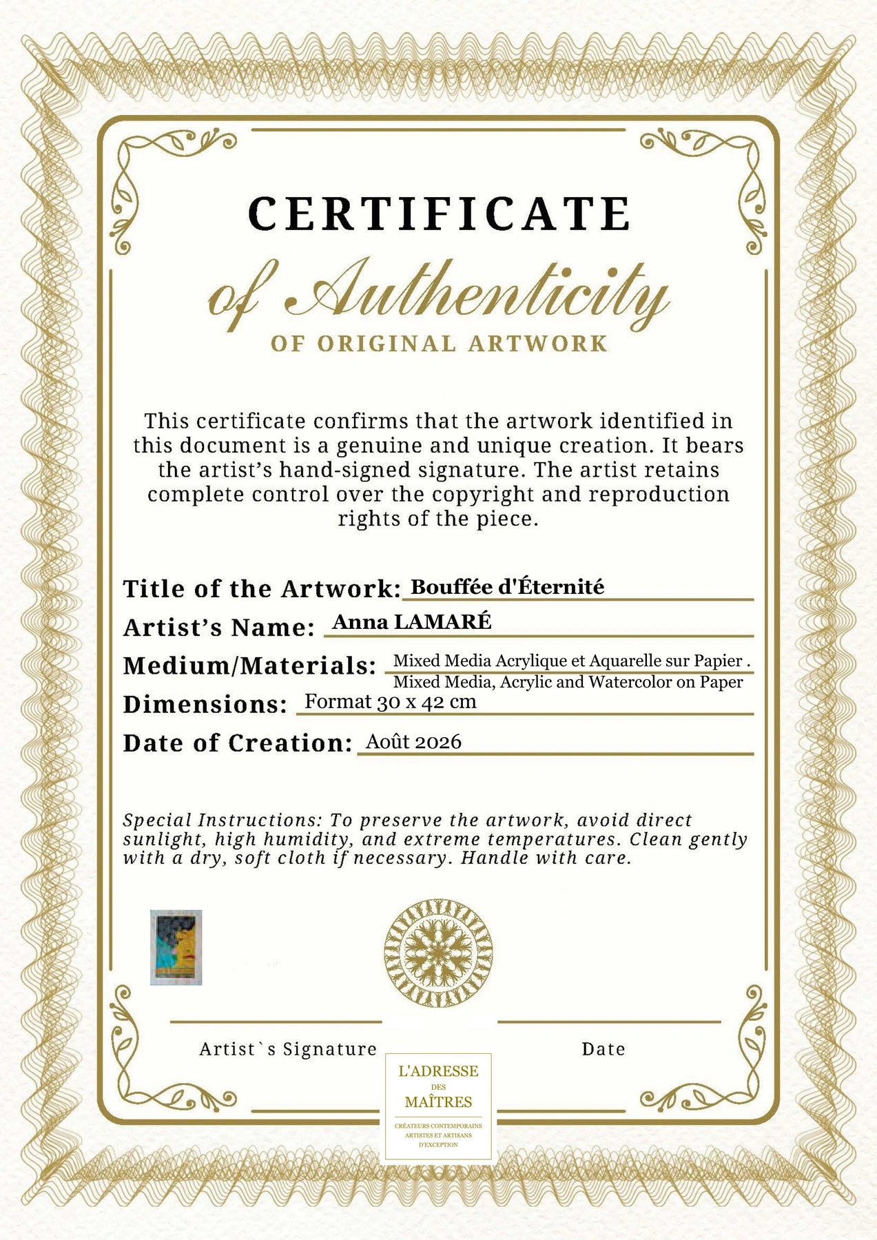 Certificat d'authenticité - Bouffée d'Éternité - Anna LAMARÉ