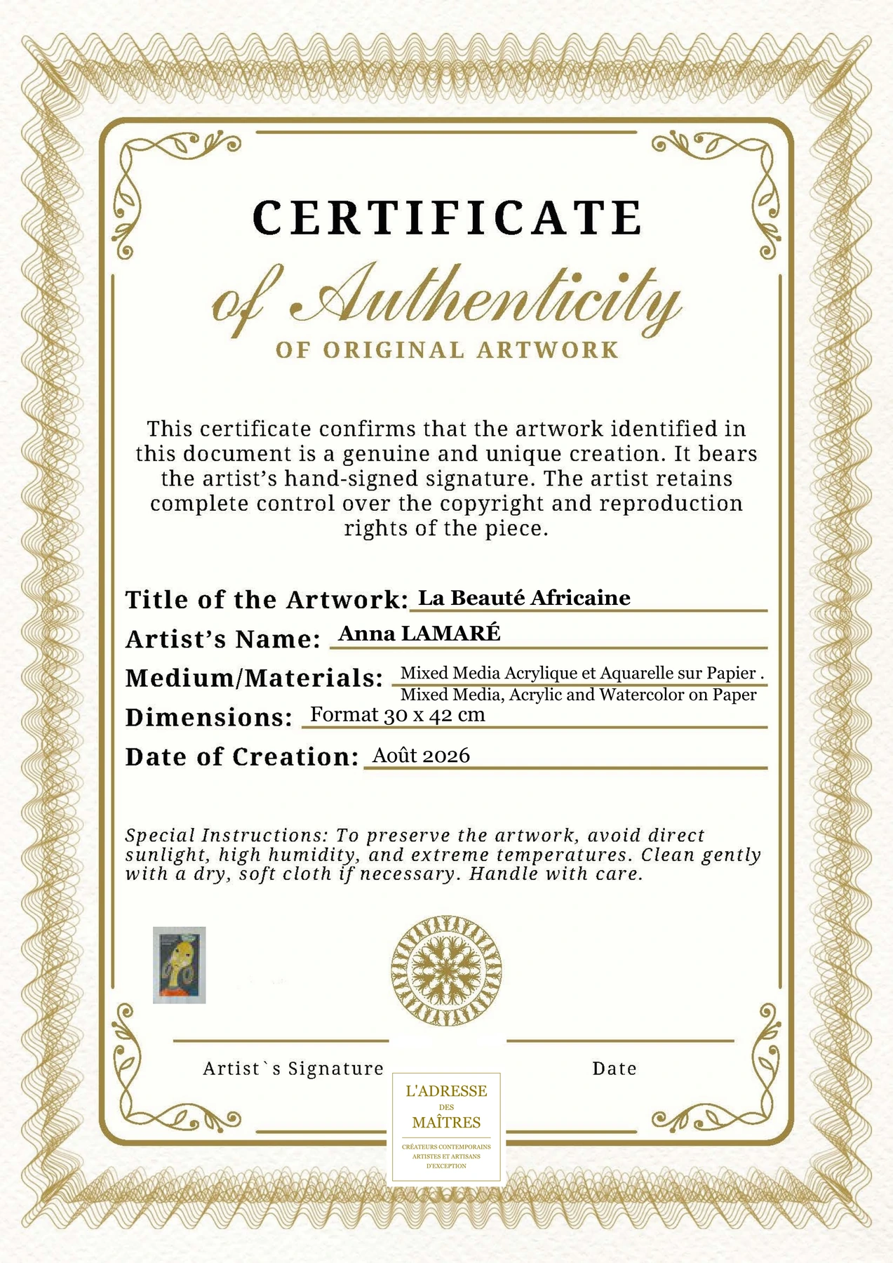 Certificat d'authenticité - La Beauté Africaine - Anna LAMARÉ