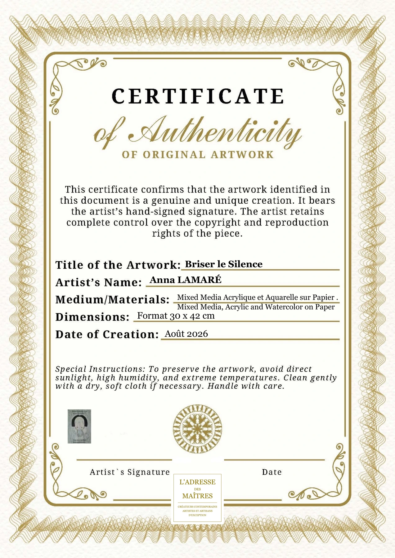 Certificat d'authenticité - Briser le Silence - Anna LAMARÉ