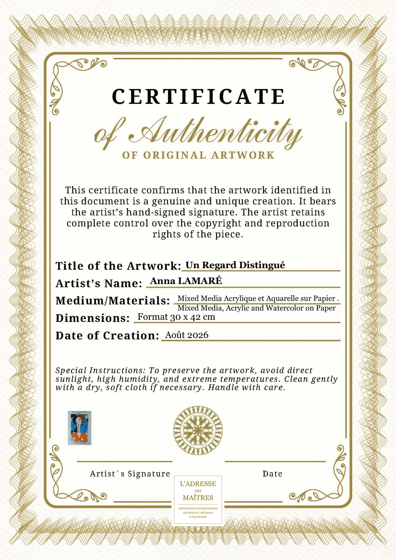 Certificat d'authenticité - Un Regard Distingué - Anna LAMARÉ