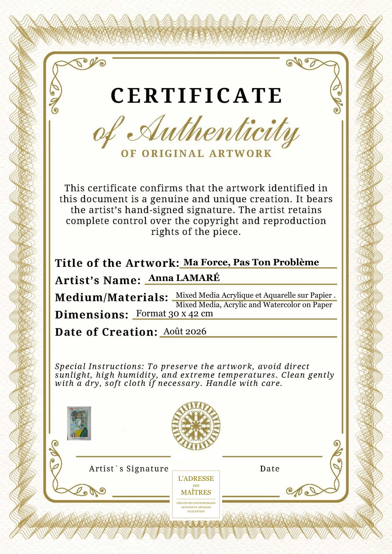 Certificat d'authenticité - Ma Force, Pas Ton Problème - Anna LAMARÉ