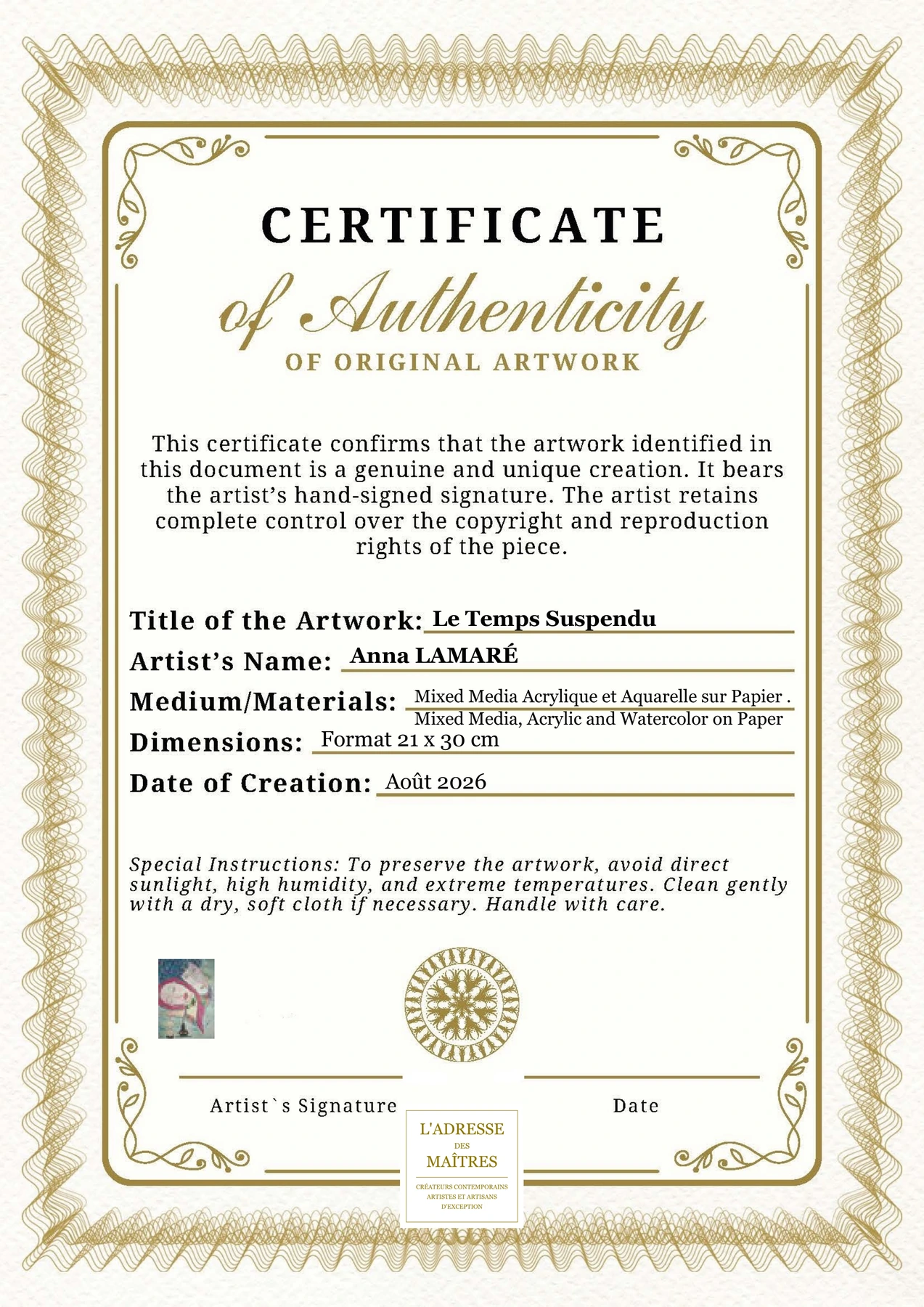 Certificat d'authenticité - Le Temps Suspendu - Anna LAMARÉ