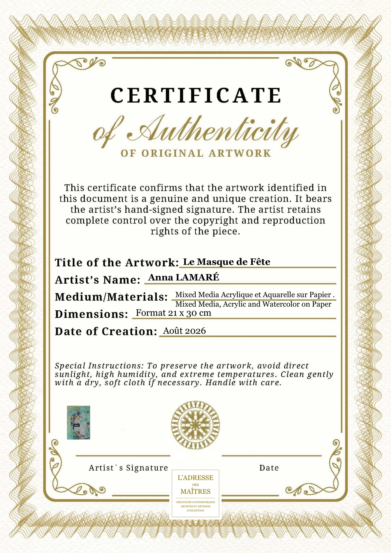 Certificat d'authenticité - Le Masque de Fête - Anna LAMARÉ