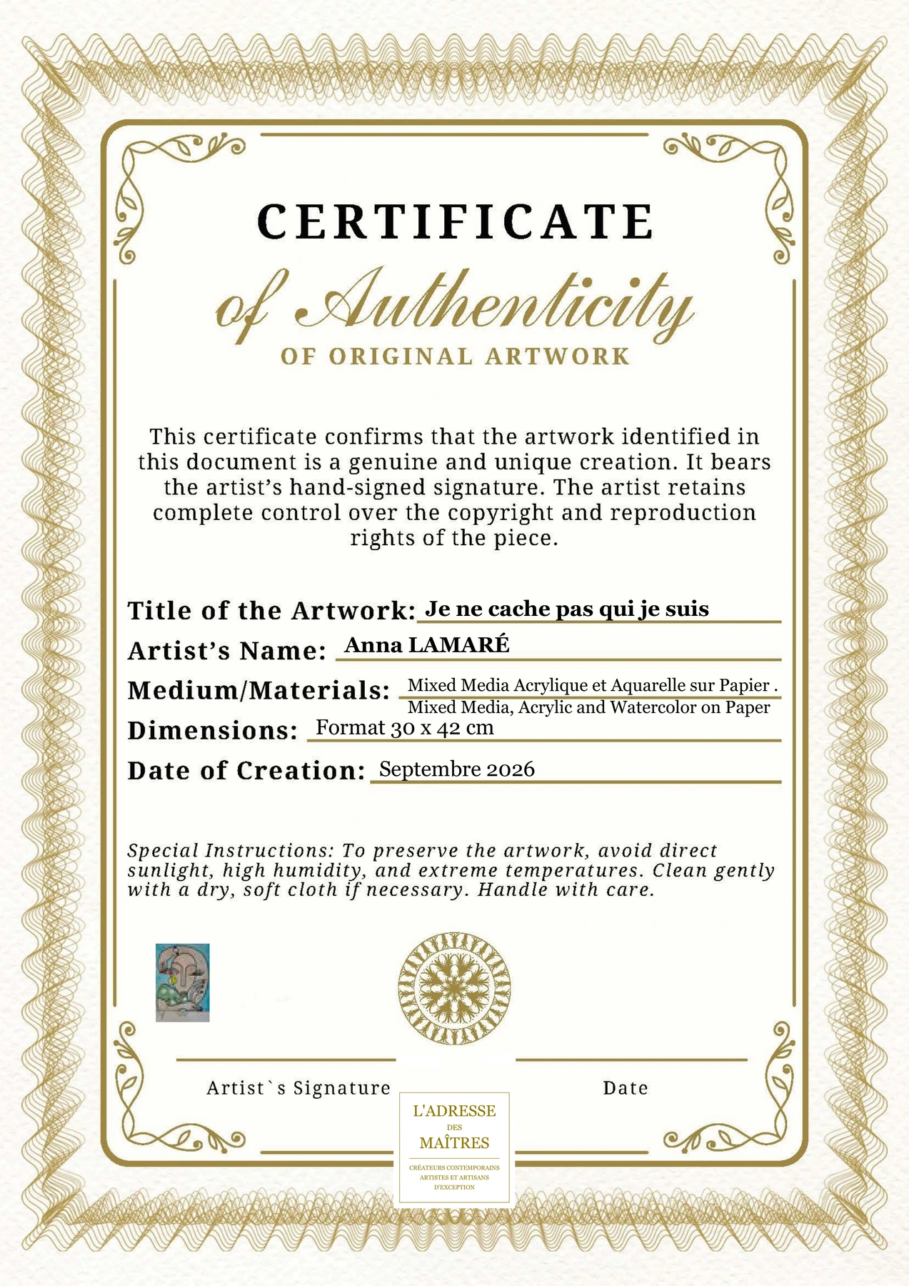 Certificat d'authenticité - Je ne cache pas qui je suis - Anna LAMARÉ