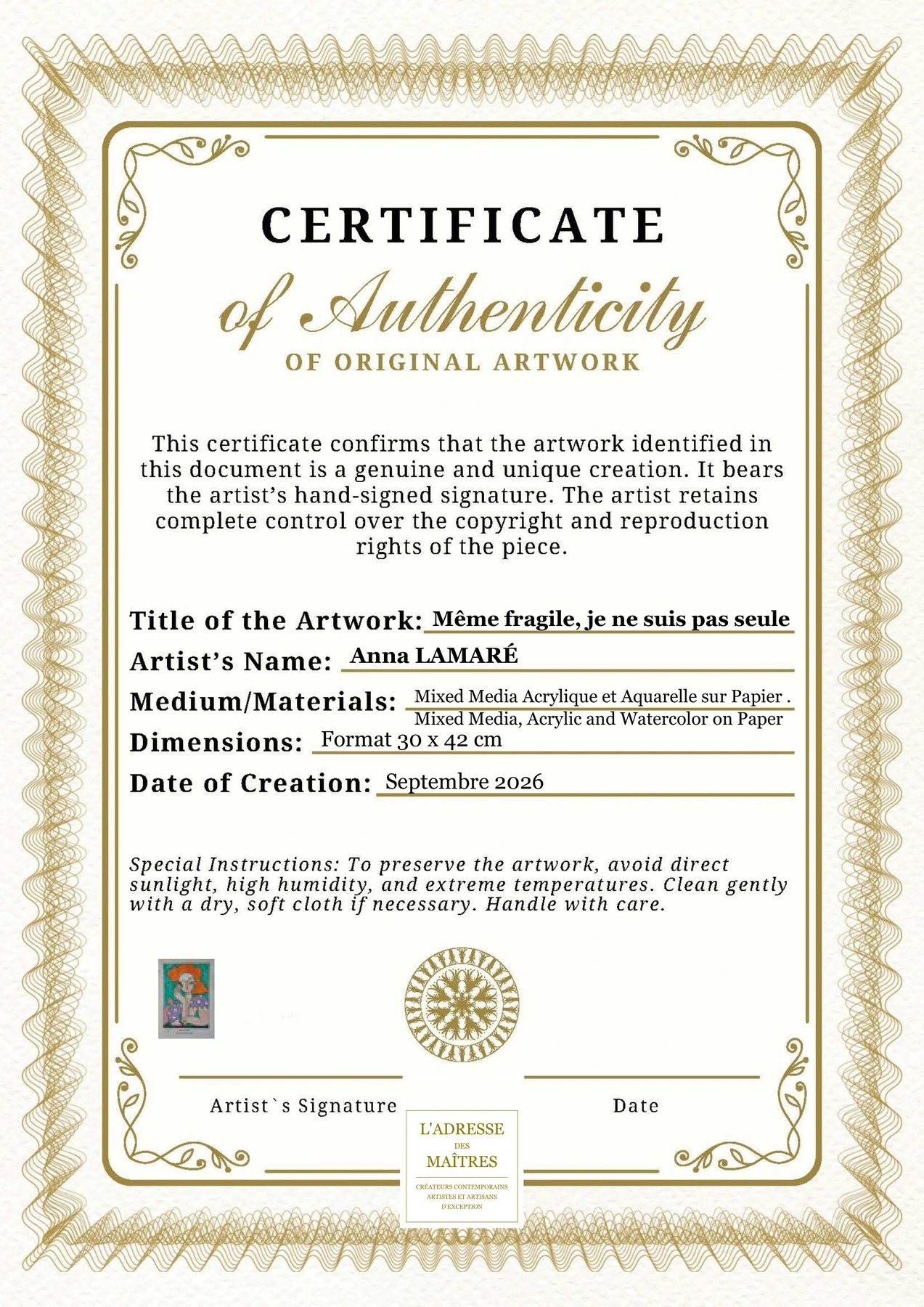 Certificat d'authenticité - Même fragile, je ne suis pas seule - Anna LAMARÉ