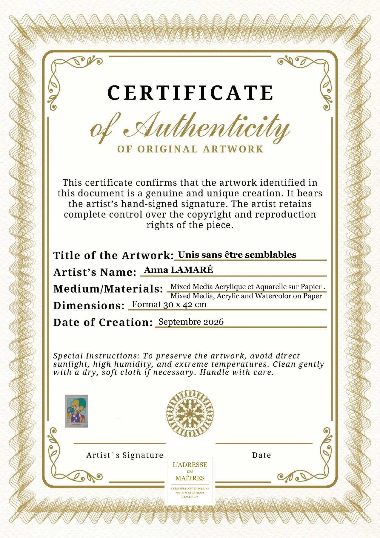 Certificat d'authenticité - Unis sans être semblables - Anna LAMARÉ