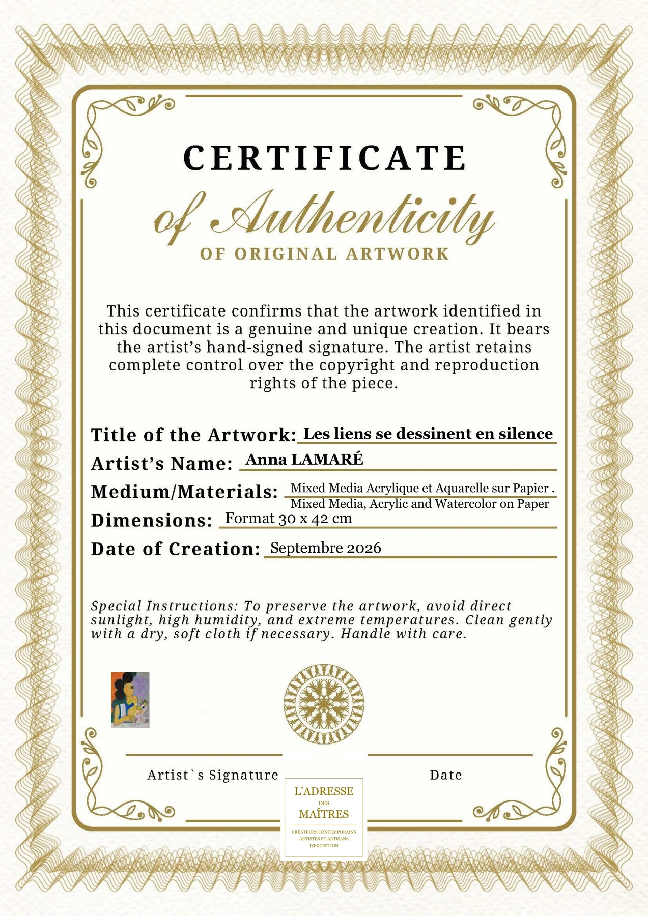 Certificat d'authenticité - Les liens se dessinent en silence - Anna LAMARÉ