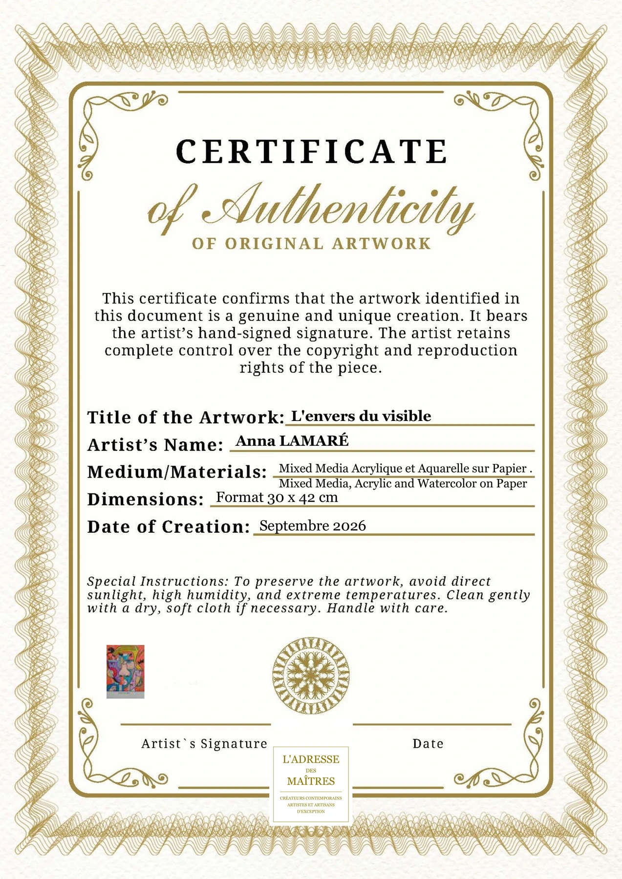 Certificat d'authenticité - L'envers du visible - Anna LAMARÉ