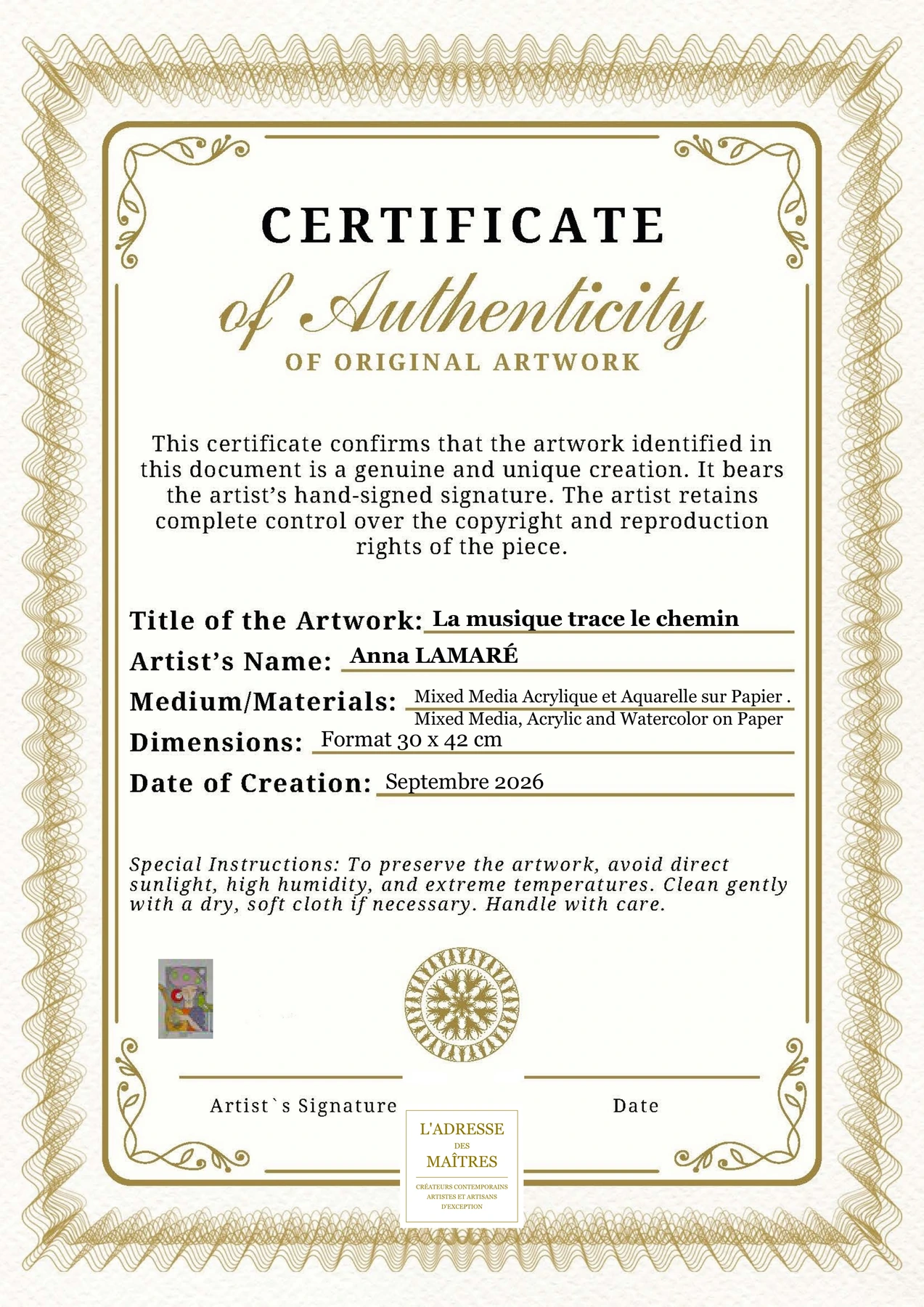 Certificat d'authenticité - La musique trace le chemin - Anna LAMARÉ