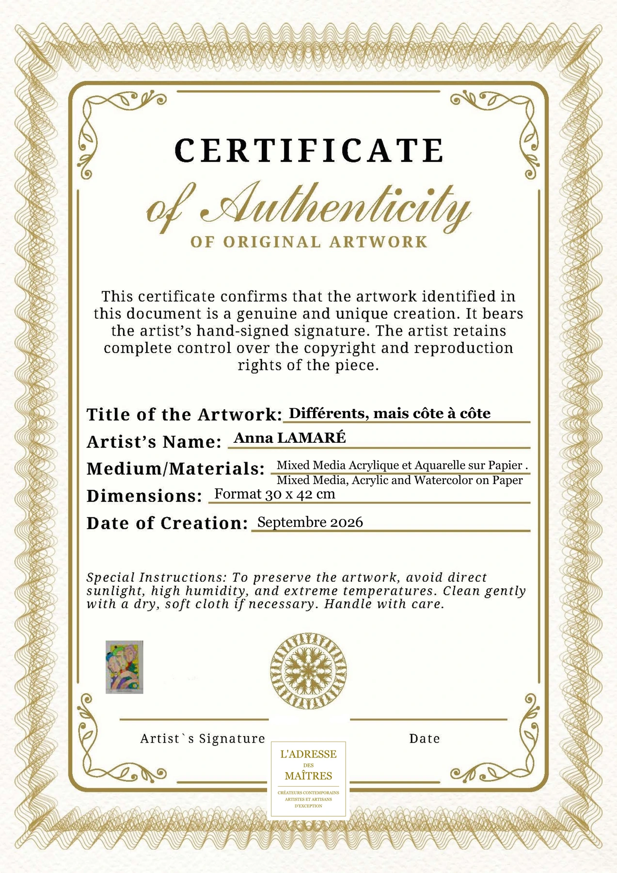 Certificat d'authenticité - Différents, mais côte à côte - Anna LAMARÉ