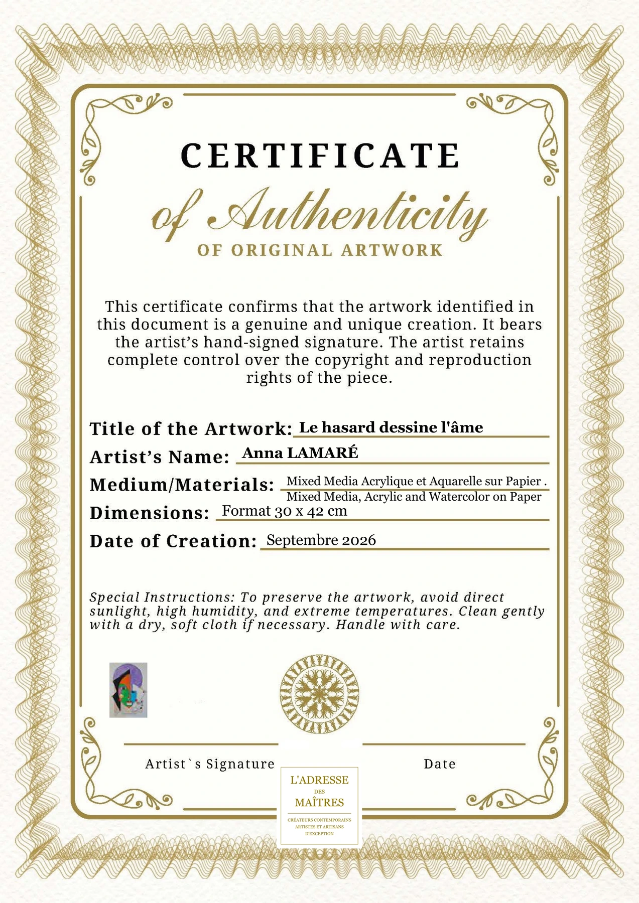 Certificat d'authenticité - Le hasard dessine l'âme - Anna LAMARÉ