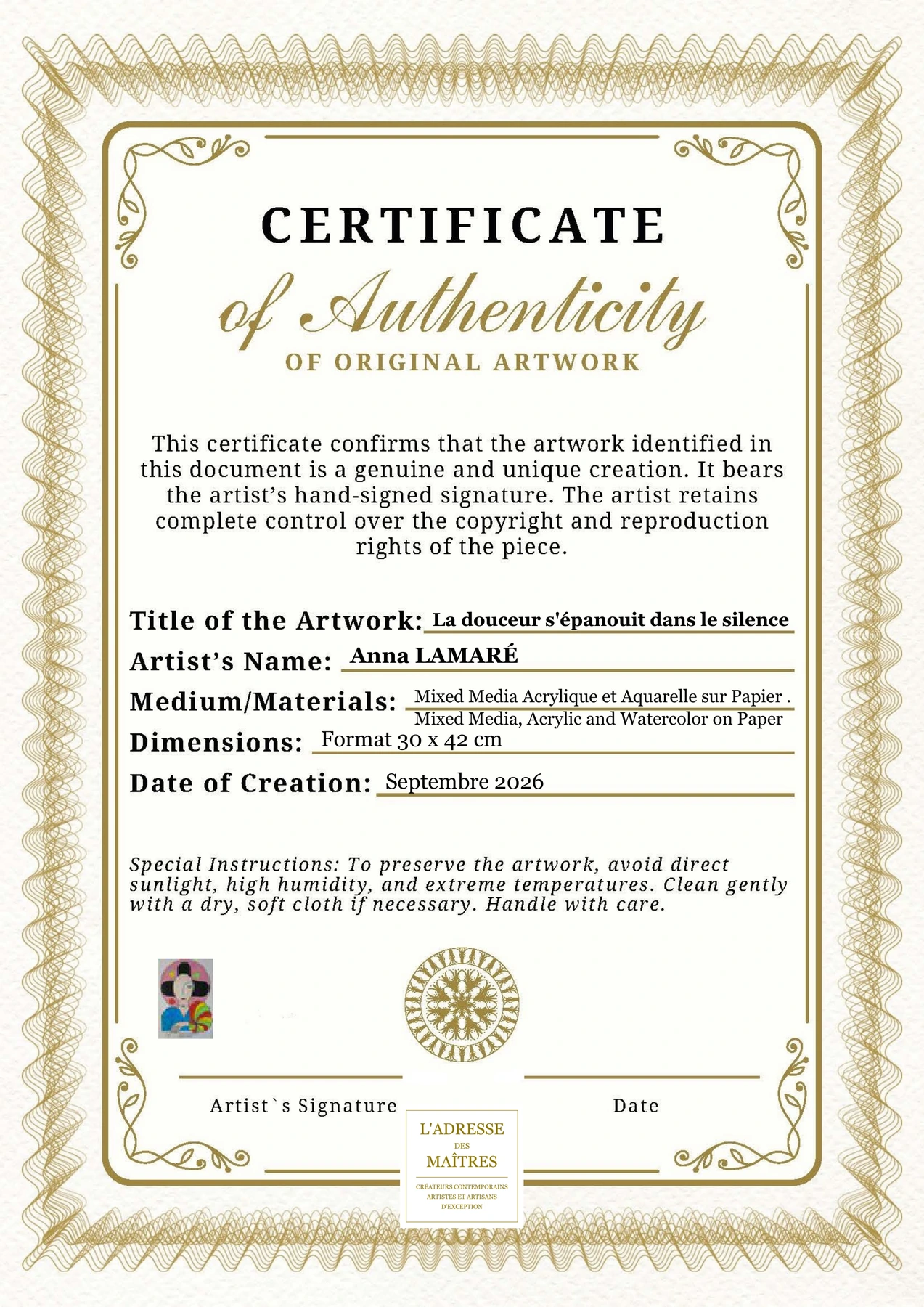 Certificat d'authenticité - La douceur s'épanouit dans le silence - Anna LAMARÉ