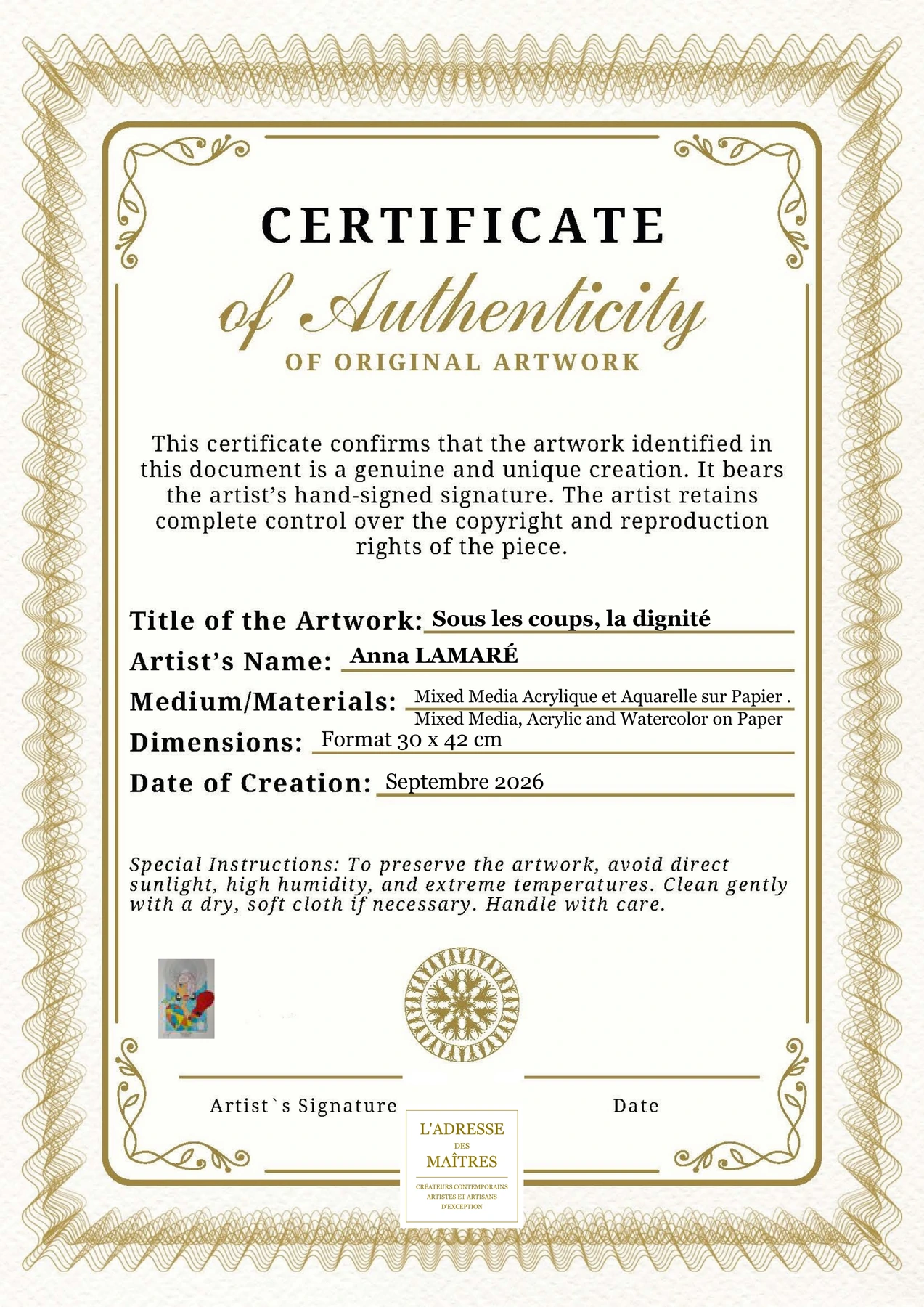 Certificat d'authenticité - Sous les coups, la dignité - Anna LAMARÉ