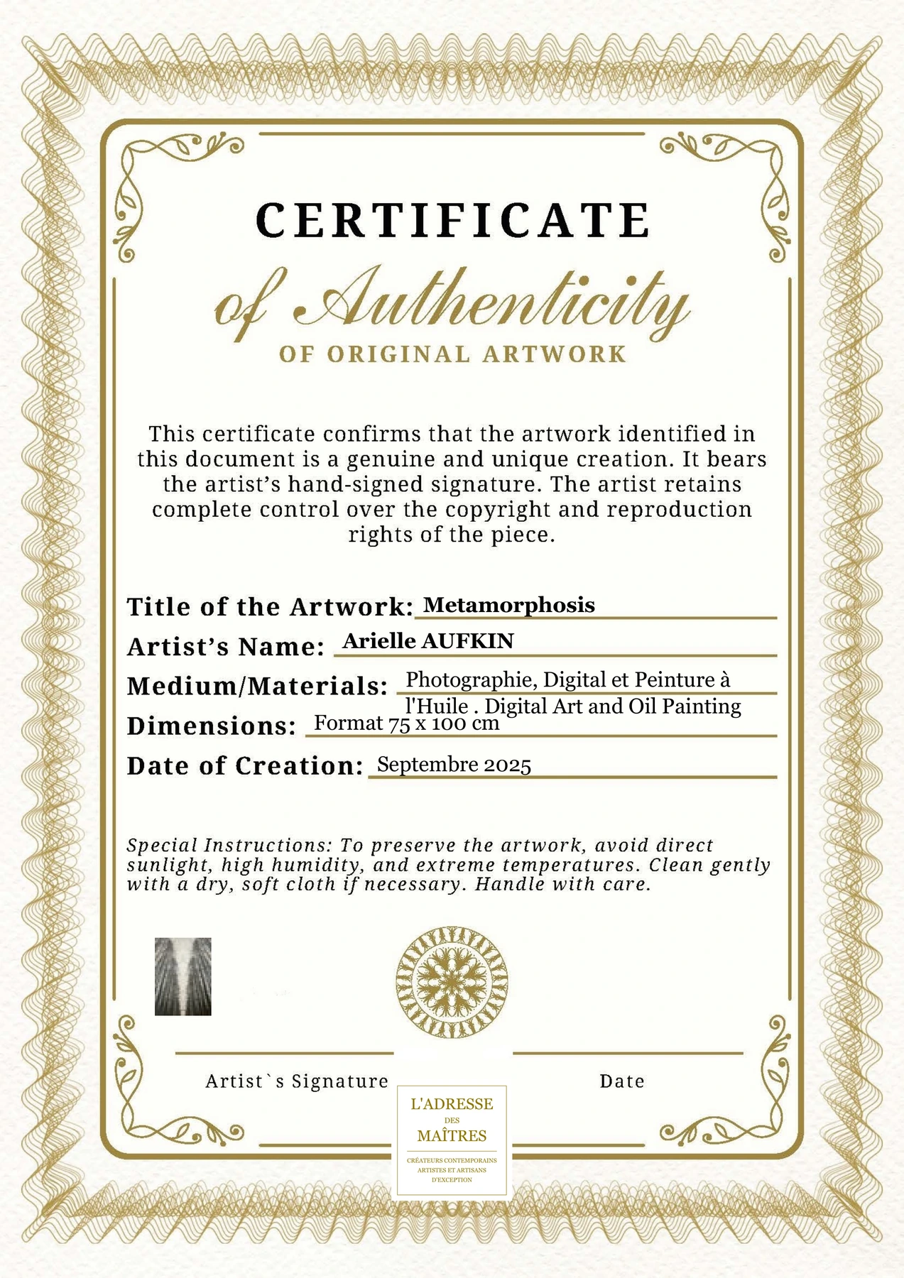 Certificat d'authenticité - Metamorphosis - Arielle AUFKIN