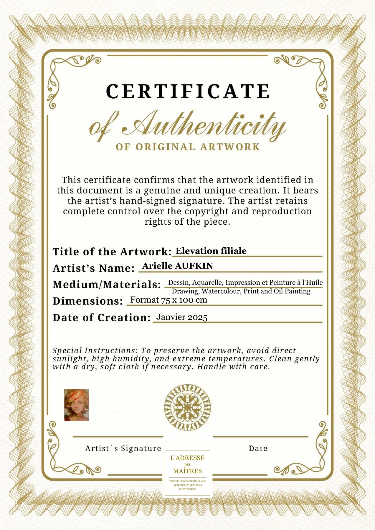 Certificat d'authenticité - Elevation filiale - Arielle AUFKIN