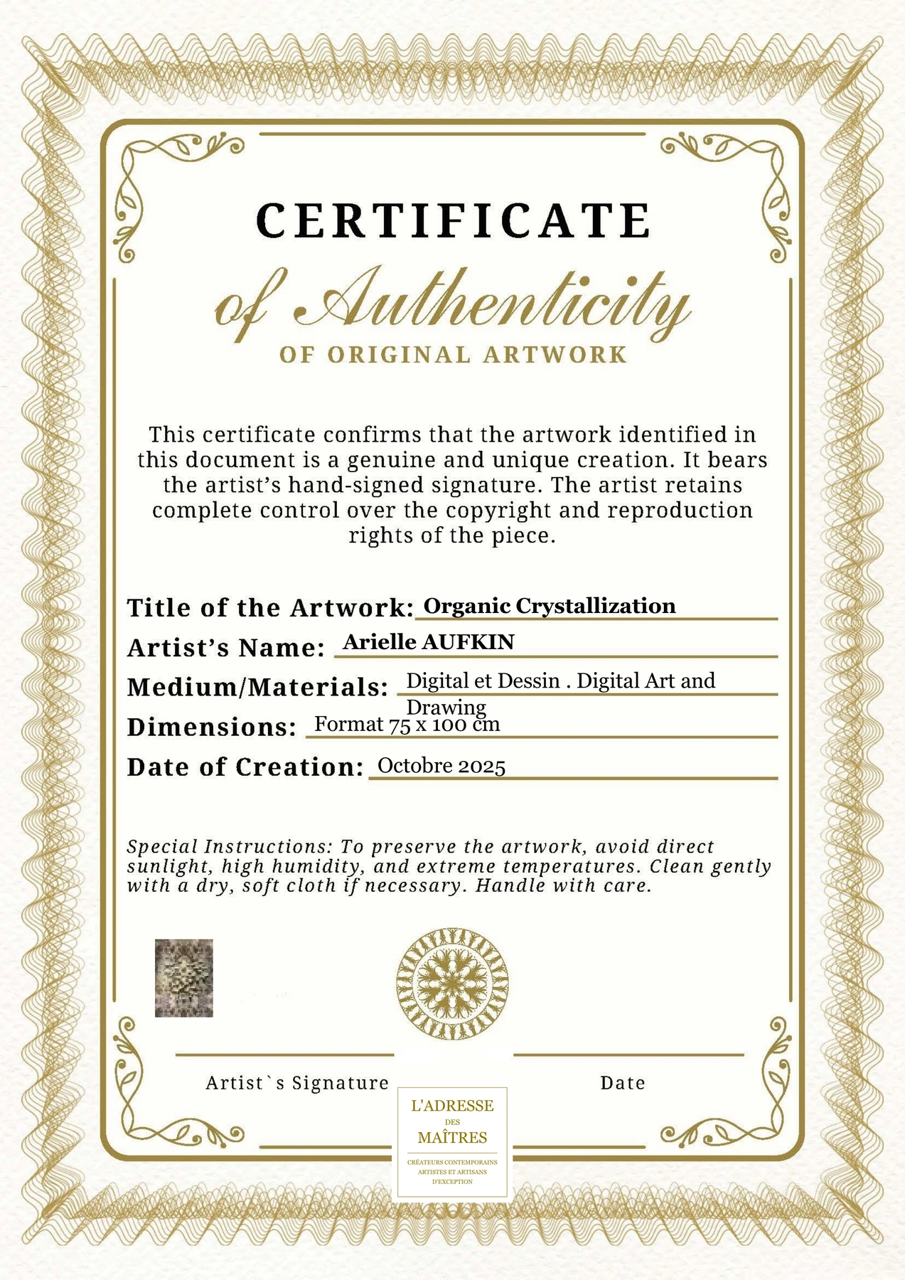 Certificat d'authenticité - Organic Crystallization - Arielle AUFKIN