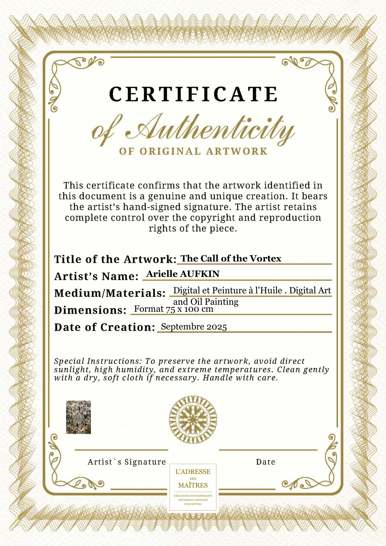 Certificat d'authenticité - The Call of the Vortex - Arielle AUFKIN