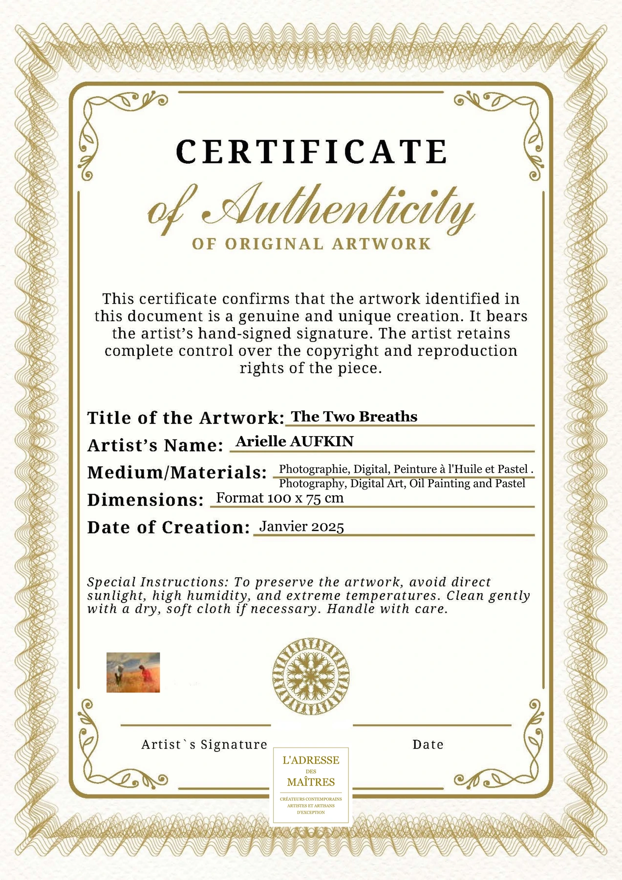 Certificat d'authenticité - The Two Breaths - Arielle AUFKIN