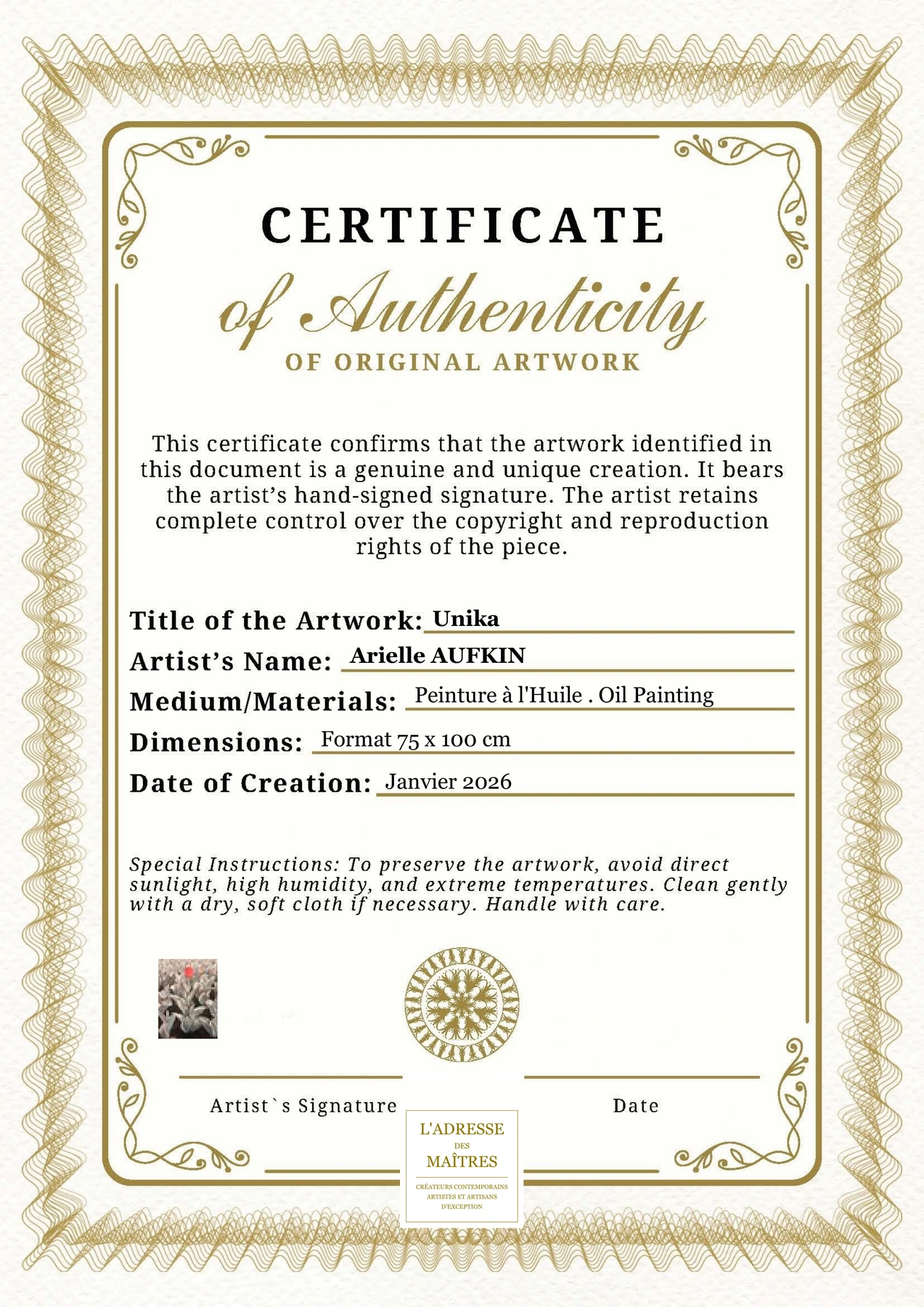 Certificat d'authenticité - Unika - Arielle AUFKIN